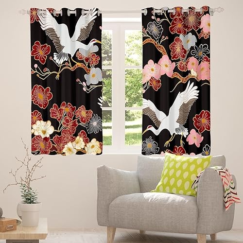 Miniatura 3 de Erosebridal Cortinas japonesas Ukiyoe - Cortinas opacas con diseño de flor de cerezo, cortinas y cortinas blancas con diseño de pájaros y grúa, 104