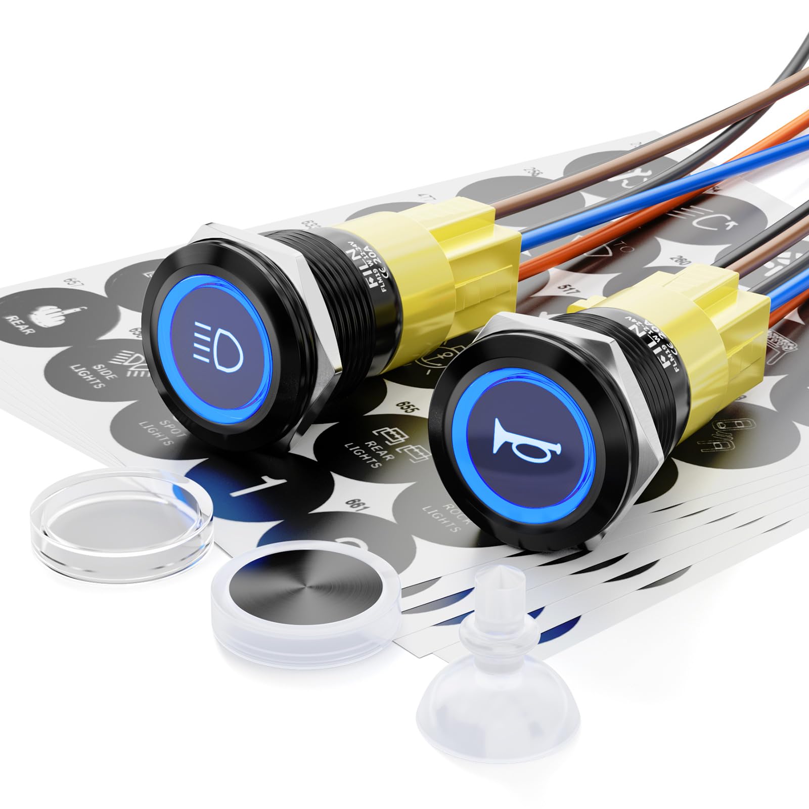 Lot de 2 boutons-poussoirs LED de 19 mm pré-câblés avec faisceau de câbles, 12-24 V CC IP65 étanche, avec 185 symboles interchangeables, pour voiture, panneau de commande industriel, commande de