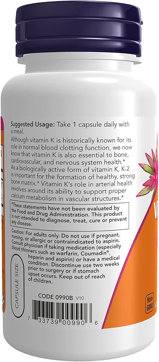 Now Foods Supplements Vitamin K2 mcg Menaquinone4 MK4 Supports Bone Health Veg Capsules, 100 Count : Health & Household