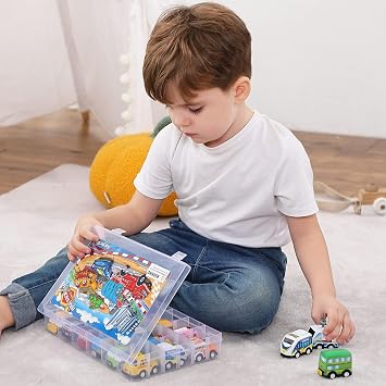KarberDark 18 Pack Mini Assorted Pull Back Car Toys, Party Favors | Storage Organizer Box, Birthday Gift, for Kid, Mini Model Vehicle Set with Display Case for Child Toddler