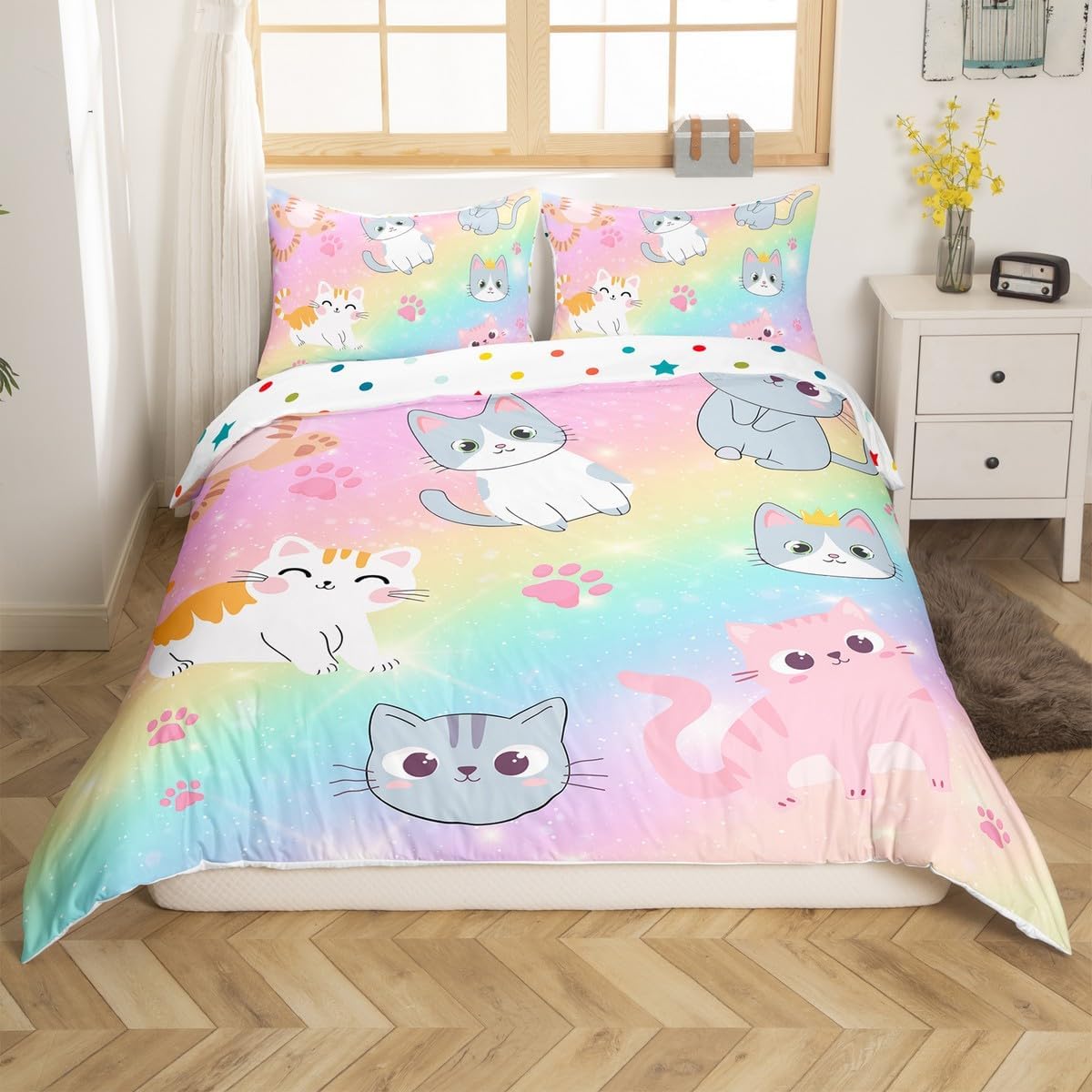 Erosebridal Kawaii Cat Twin Bedding Sets for Girls Cute Cats Comforter Cover for Kids Boys Teen Lovely Kitten Black Duvet Cover,Neon Gradient Cat Quilt Cover for Cat Lovers,Reversible Black Zipper