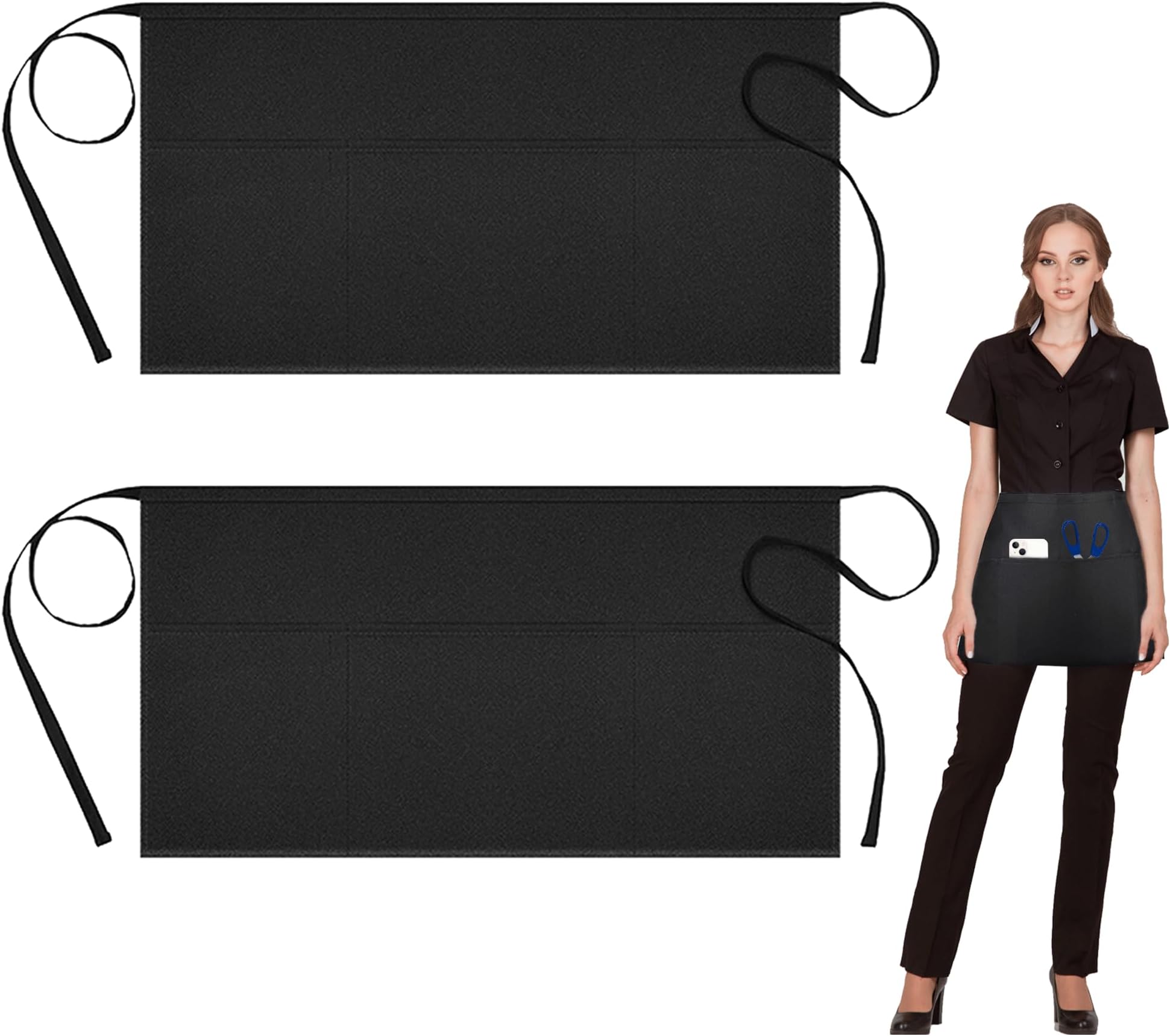 2 Pack Black Waist Apron with Pockets for Home, Kitchen, Restaurant Work