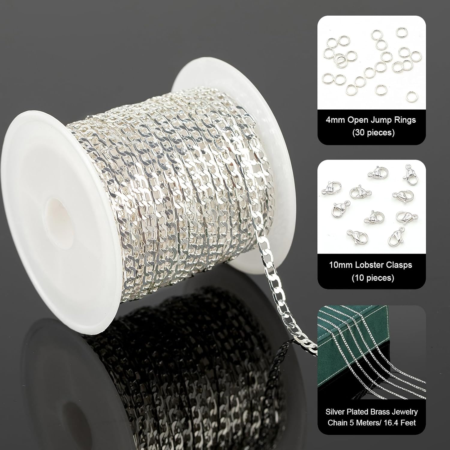 UMAOKANG 16.4 Feet Silver Cuban Chains for Jewelry Making Silver Plated Brass Necklace Chain on Spool with Jump Rings and Lobster Clasps - Image 2
