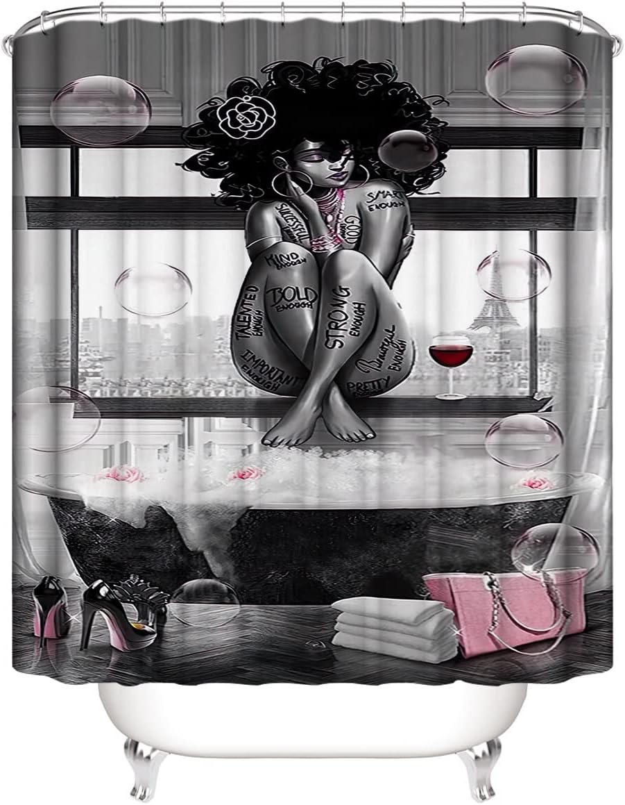 DDS-DUDES 4Pcs African American Black Girl Waterproof Shower Curtain Sets for Bathroom with Non Slip Rugs, Toilet Cover and Bath Mat, 12 Plastic Hooks (Girl-Sit)