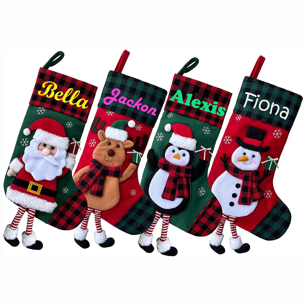 Personalized Christmas Stocking, Custom Name & Monogram 3D Xmas Stocking 18” Large for Fireplace Hanging Christmas Tree Decoration, Holiday Family Season Decor, Santa, Snowman, Reindeer, Penguin