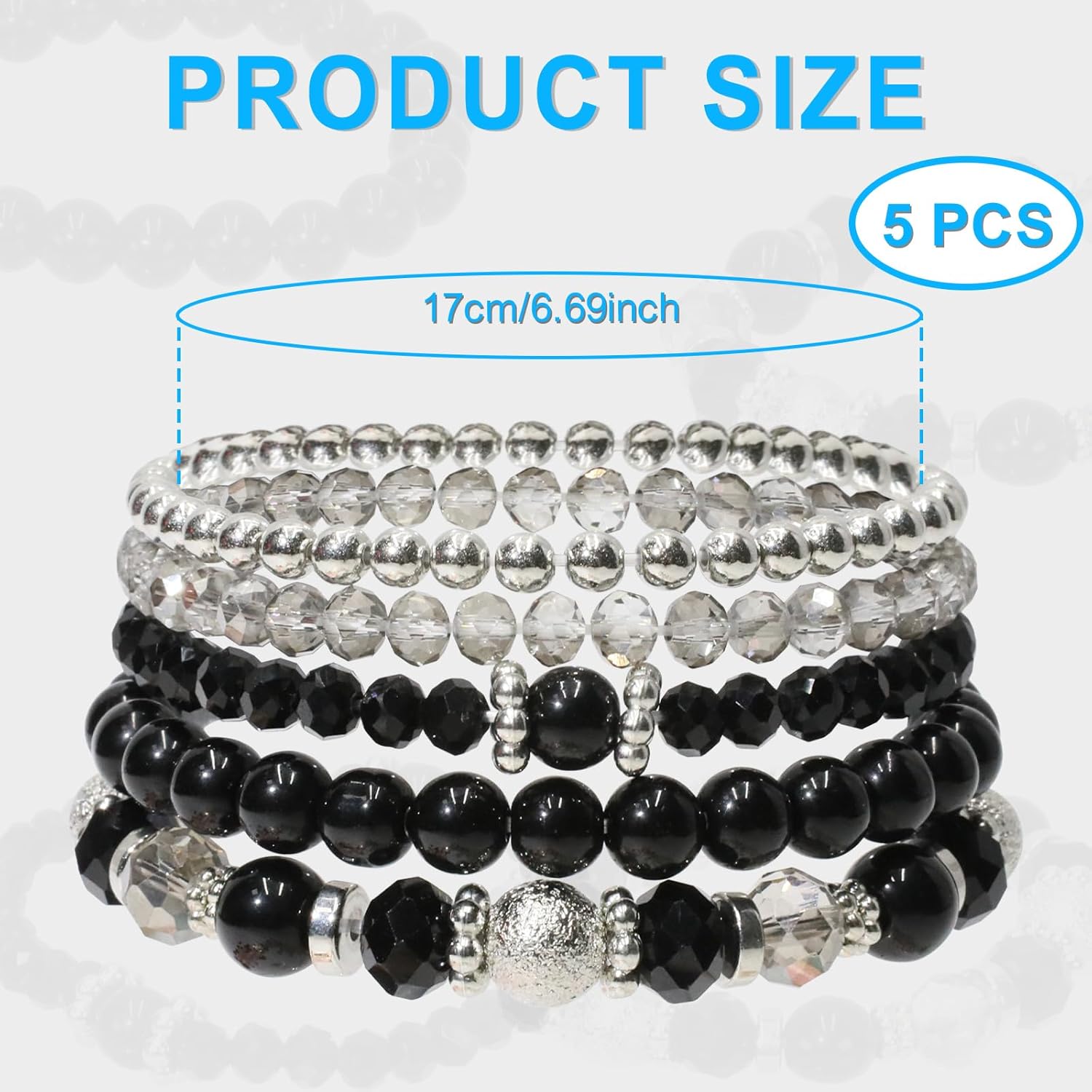 5 Pcs Costume Bracelets, Black Bracelets for Woman, Boho Beaded Bracelets, Stretch Layering Crystal Stone Beaded, Trendy Costume Jewelry Gifts for Women - Image 2
