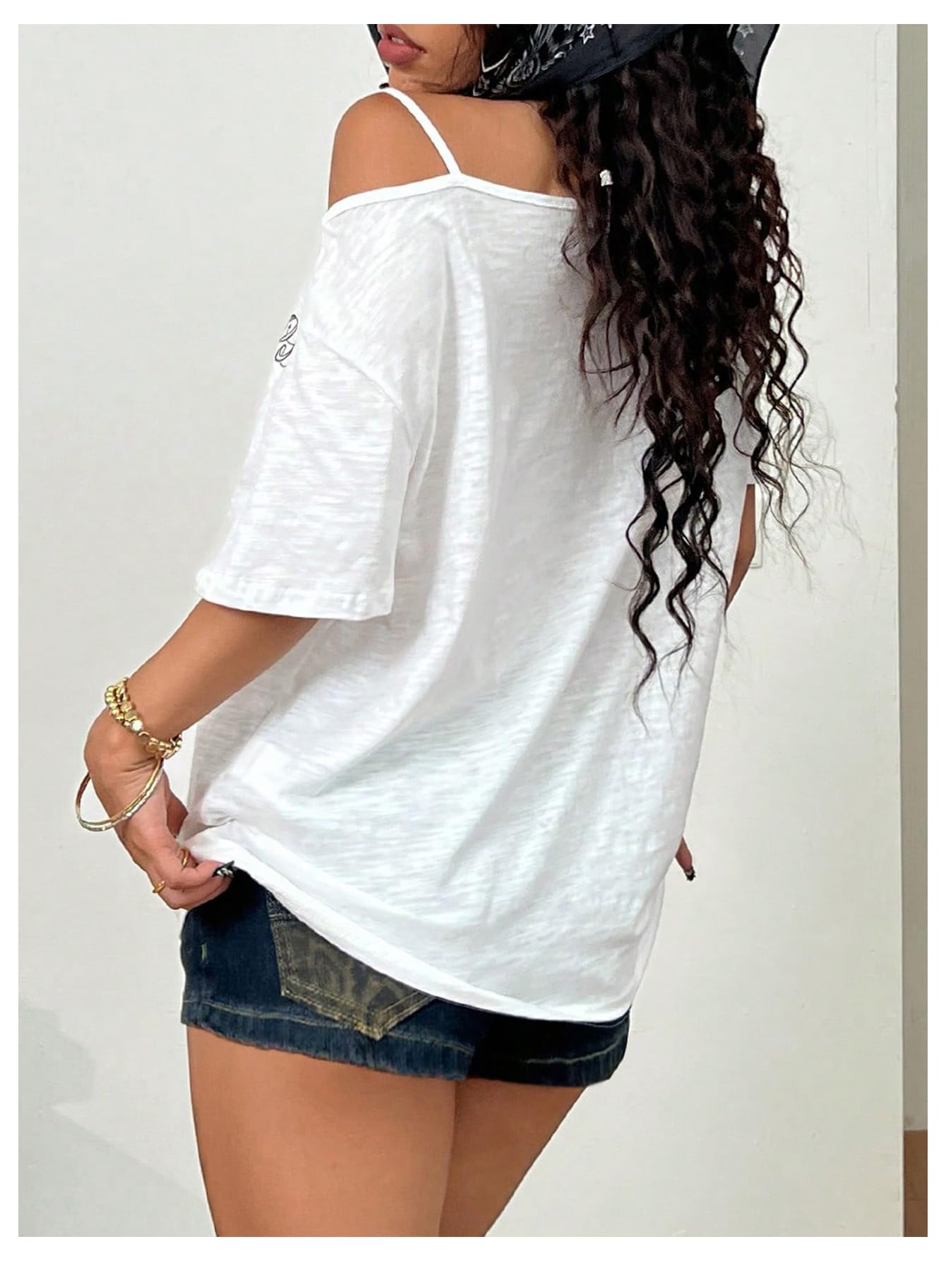 Floerns Maglietta da donna gotica con spalle scoperte, mezza manica, hip hop, con farfalla
