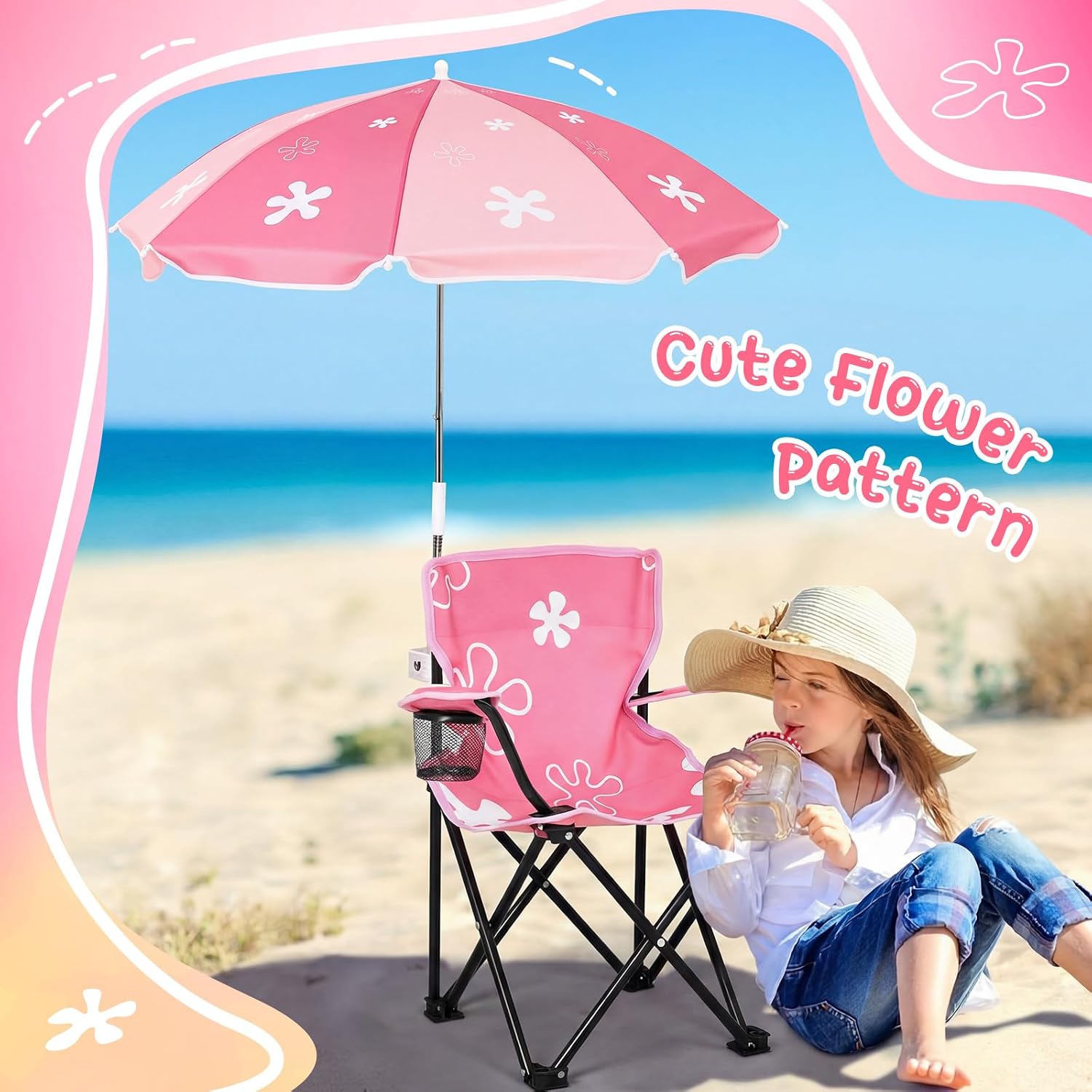 Outdoor Toddler Camping Chair with Umbrella Foldable Beach Chairs with Safety Lock for Kids Waterproof Lawn Kids Folding Chair for Outside Beach Travel(Flower)