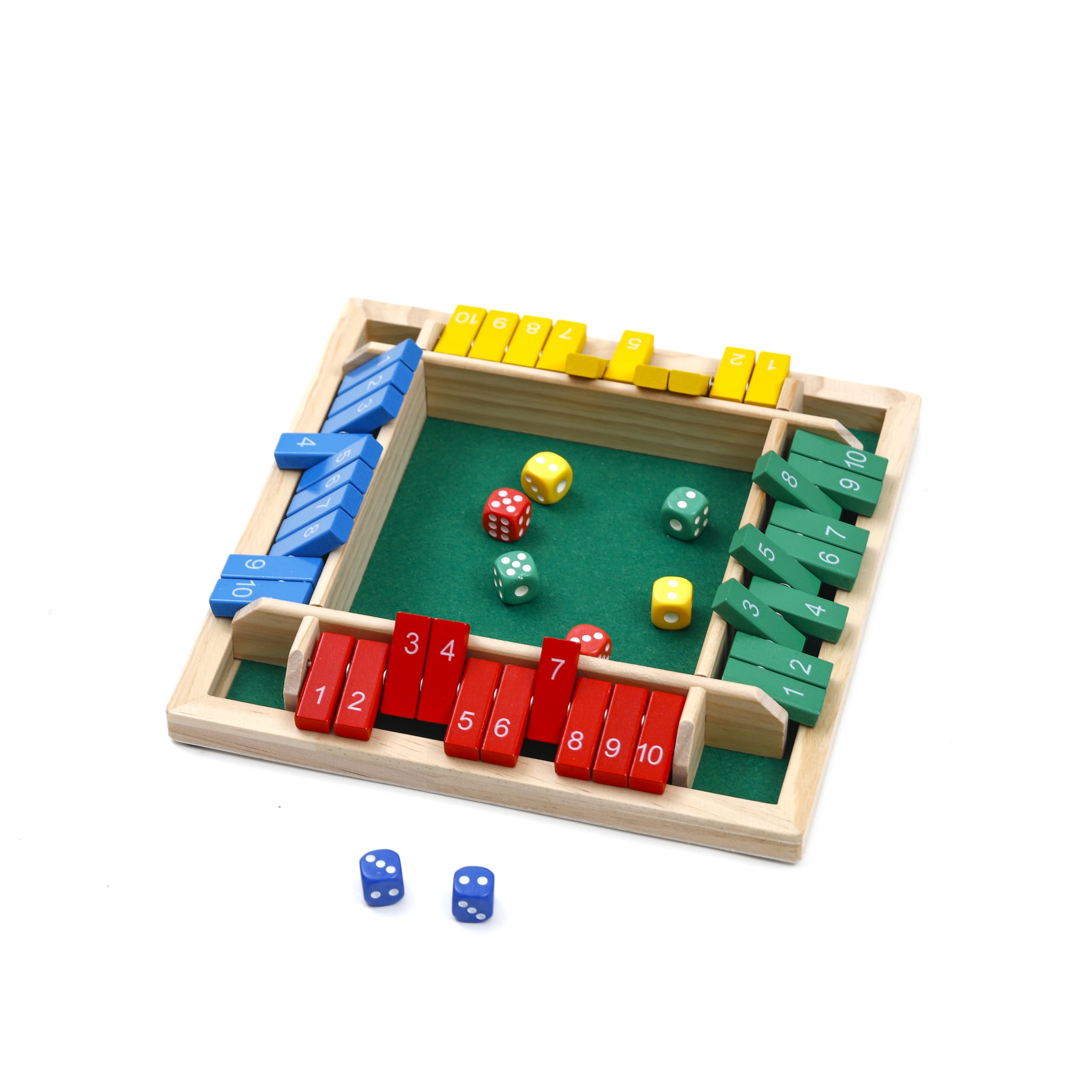 Flero Shut The Box - Gioco a dadi per 4 giocatori in legno - Gioco di tattica e calcolo (Multicolore) - Gioco da tavolo, giocattolo educativo, gioco didattico per bambini e adulti - 8 dadi