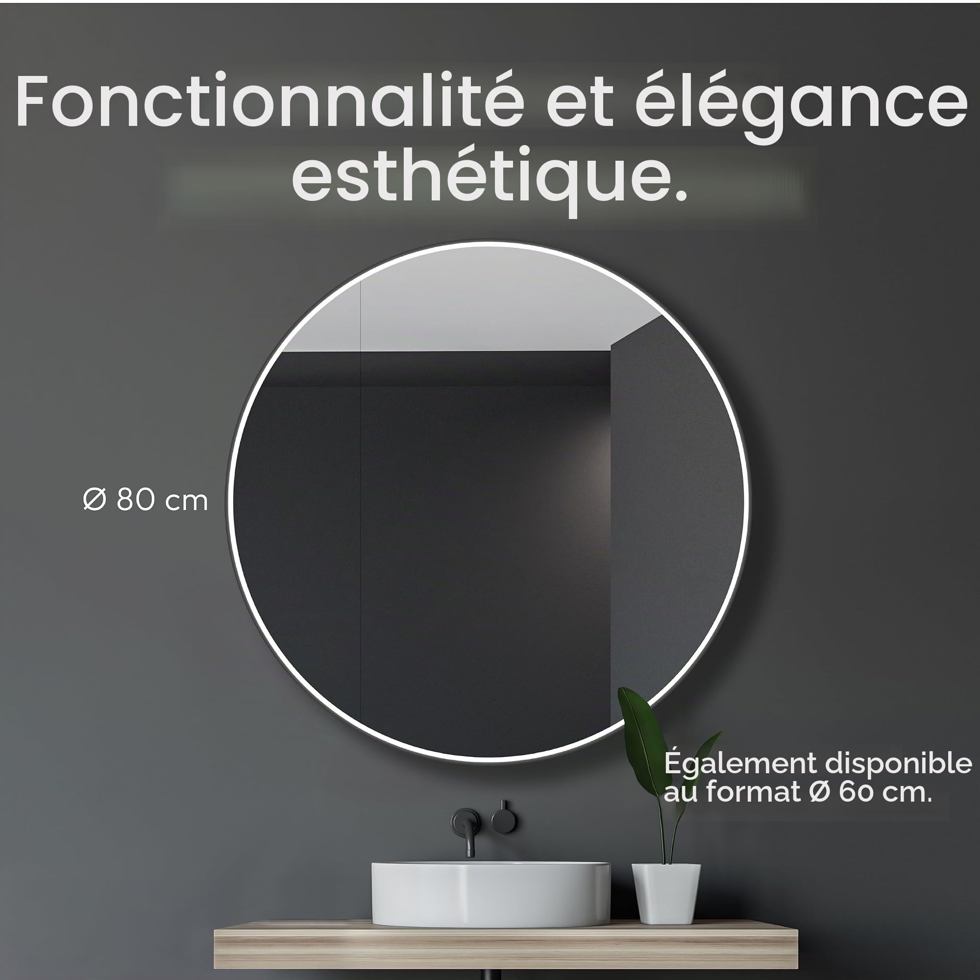 Armoire de Toilette Lumineuse Talos Black Nova Ø80 cm Noir - Meuble de Salle de Bain avec Miroir et 2 étagères - Aluminium - Fond Miroir