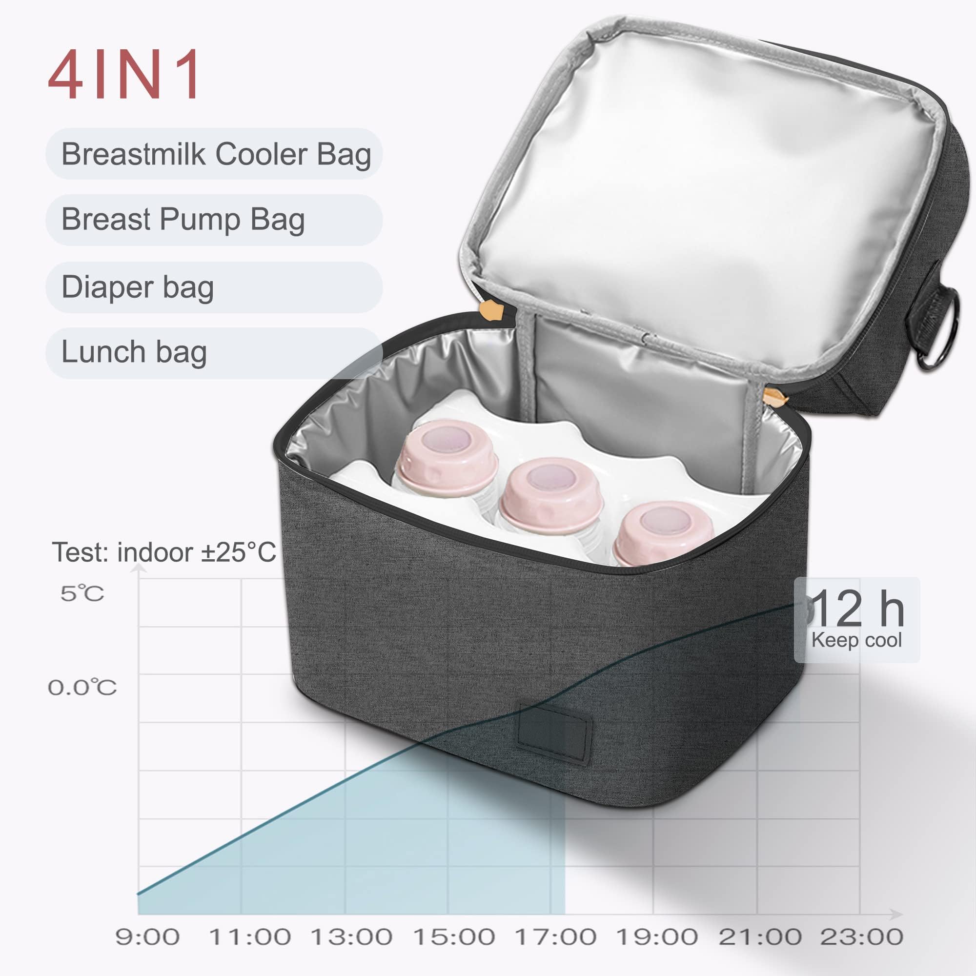 QIUXQIU Breast Pump Backpack with Compartments for Cooler Bag, Breast Pump Bag with a Waterproof Pump Parts Pad and with 2 Options for Wearing (Fits Most Major Breast Pump) (Black)