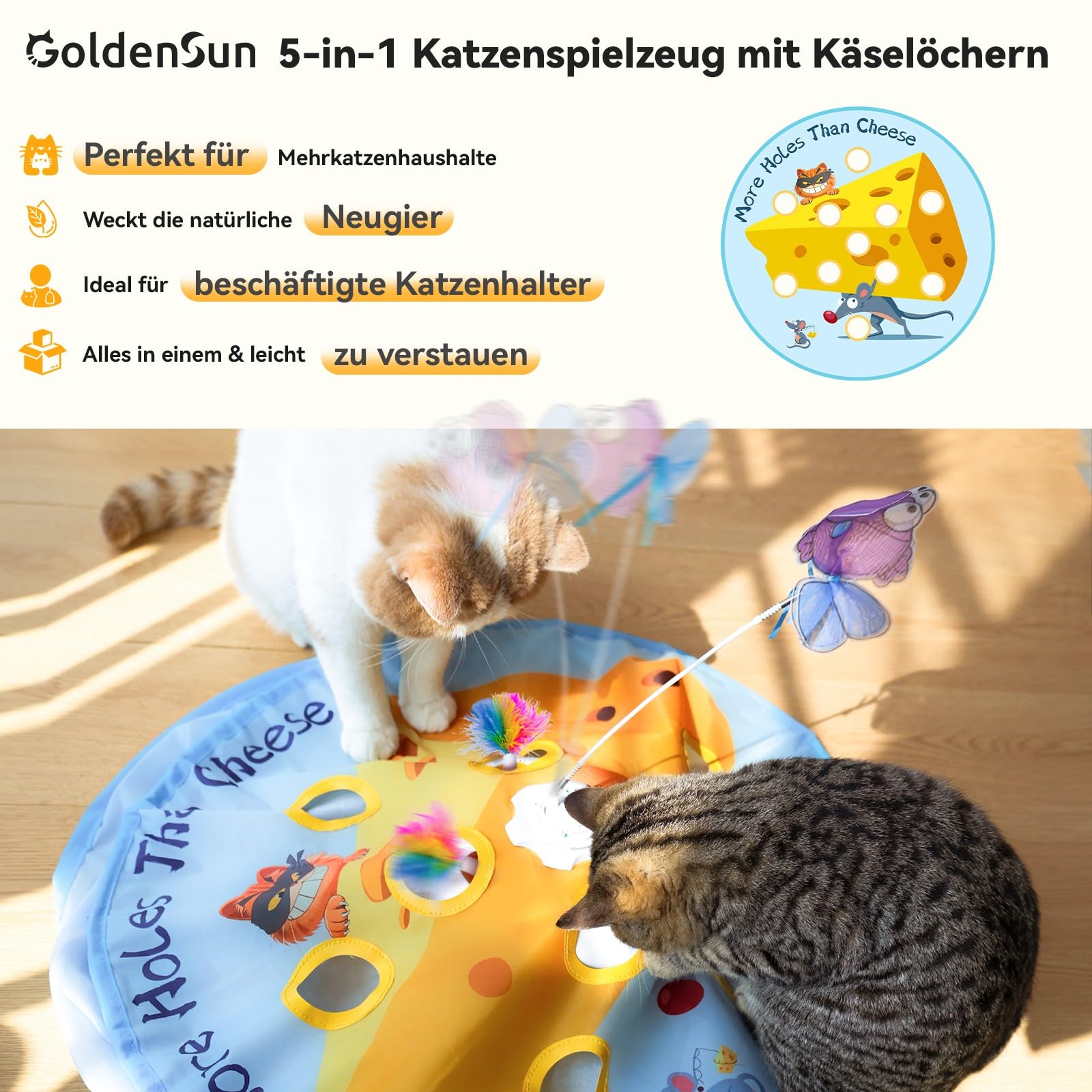 GoldenSun Katzenspielzeug, 5-in-1 Interaktives Katzenspielzeug für Wohnungskatzen, Automatisches Klopfspiel, Fliegender Fisch, Katzenangel und Bewegliche Feder