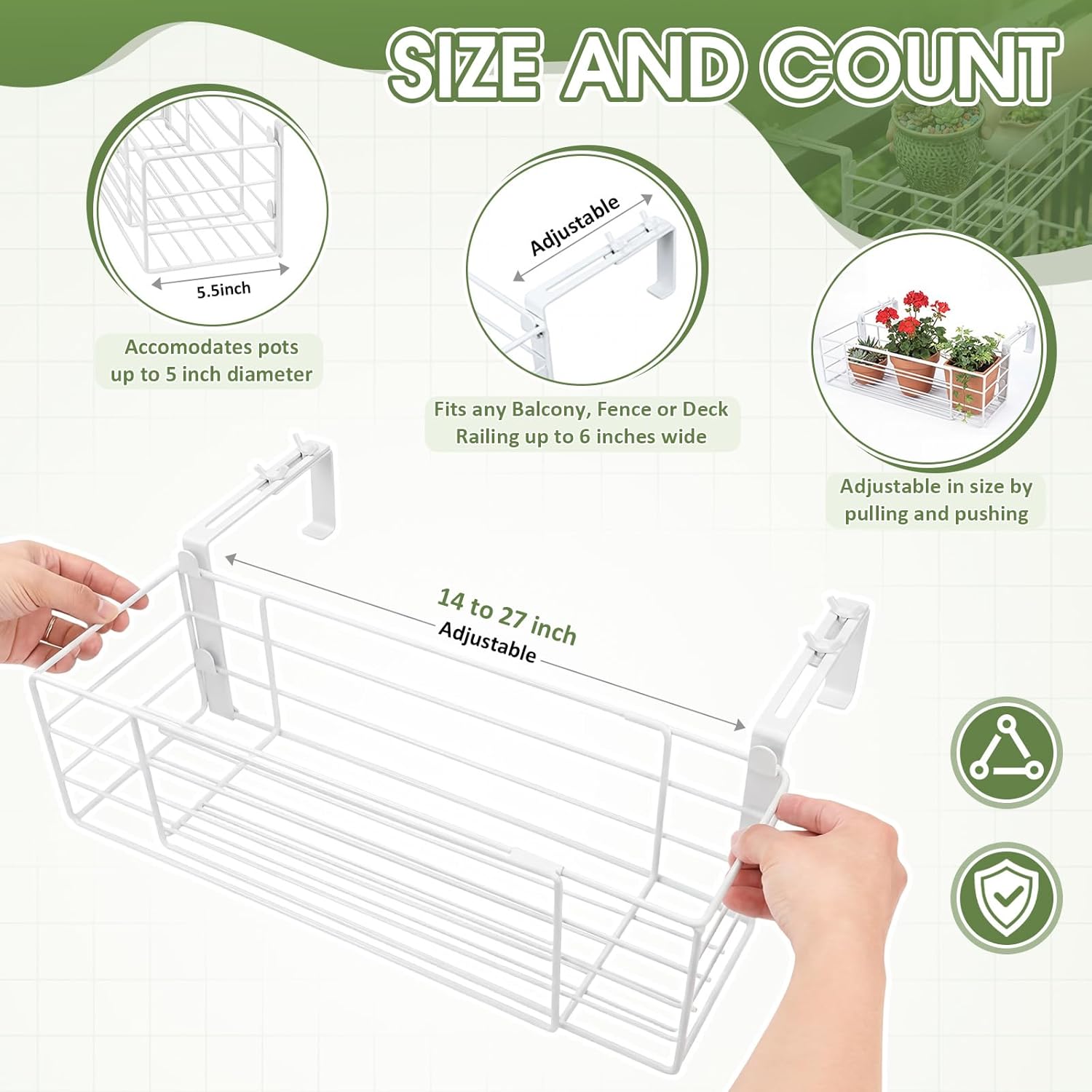 Youyole Railing Hanging Planter Holders, Adjustable Balcony Flower Pot Rack Stand, Expands 14"-27" Iron Hanger Hooks Fit Almost Any Balcony, Fence or Deck Railing up to 6" Wide (White)