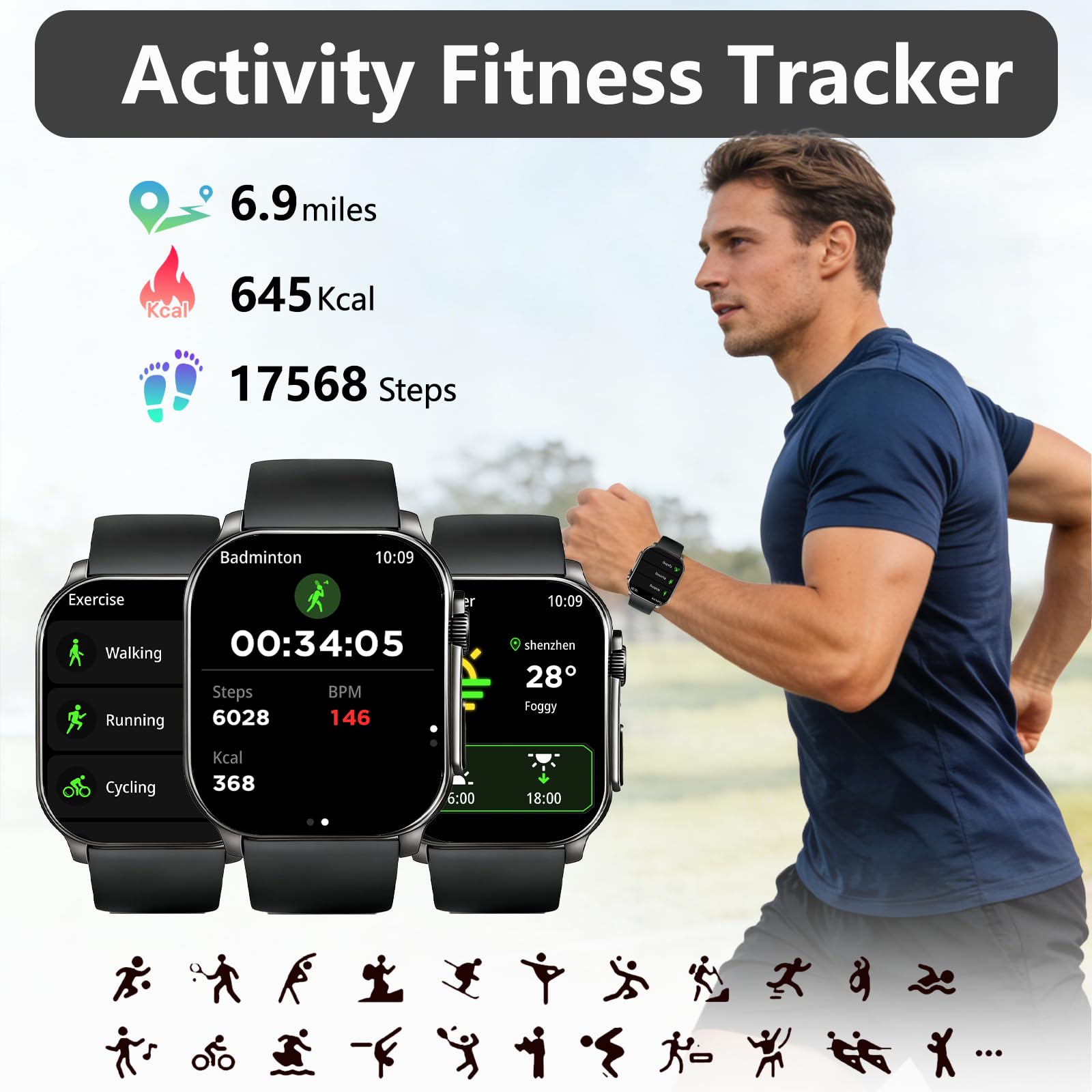 Smartwatch Damen Herren 2.01" HD AMOLED Curved Bluetooth-Anrufe Fitnessuhr Pulsmesser Schlafmonitor Schrittzähler IP68 Wasserdicht Lange Akkuleistung