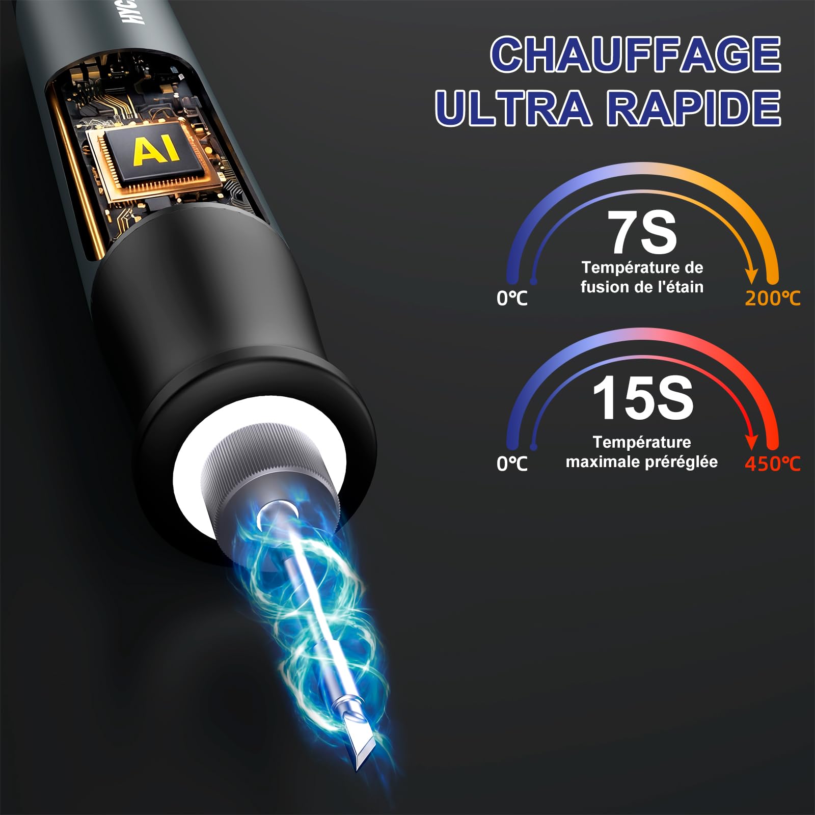 HYCHIKA Fer a Souder sans Fil, Fer a Souder avec Batterie 2600mAh, Chauffage Rapide en 7 Secondes (200 ℃ - 450 ℃), Veille/Arrêt Auto, avec Support, pour Réparation Électronique, Soudage, Bricolage