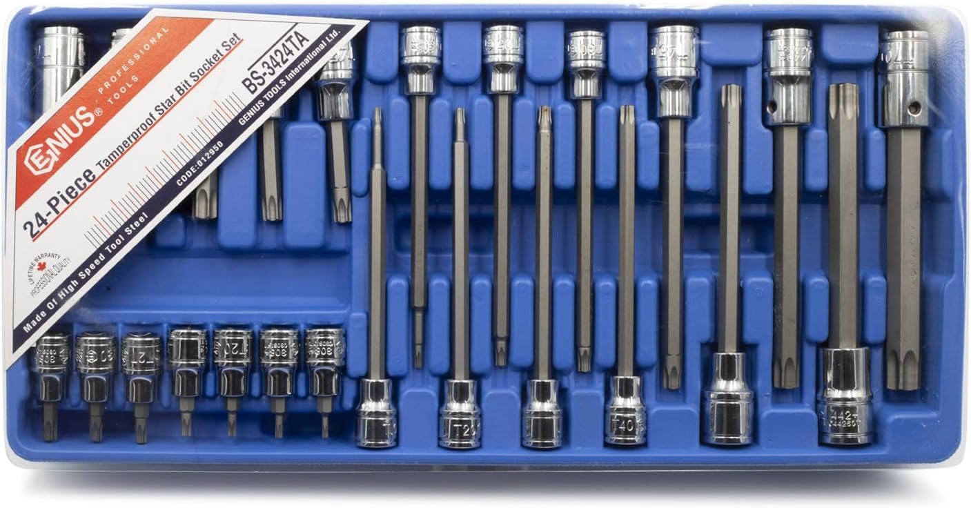 Genius Tools 24 Piece 3/8" & 1/2" Dr. Tamperproof Star Bit Socket Set BS-3424TA