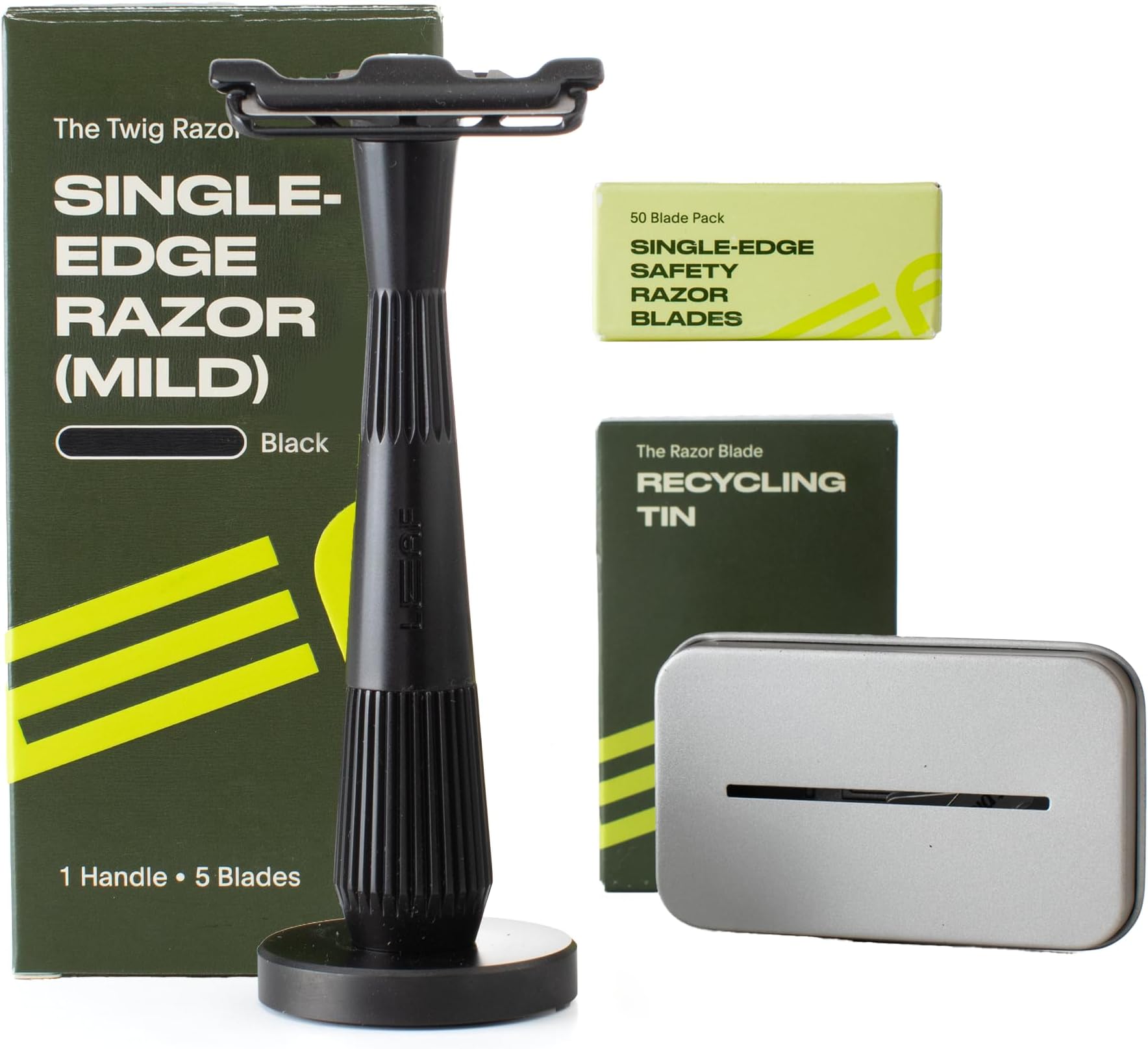 Leaf Twig Razor Set, Includes Twig Razor, Matching Stand, 50-Pack Single-Edge Blade Refills, and Blade Bank - Black