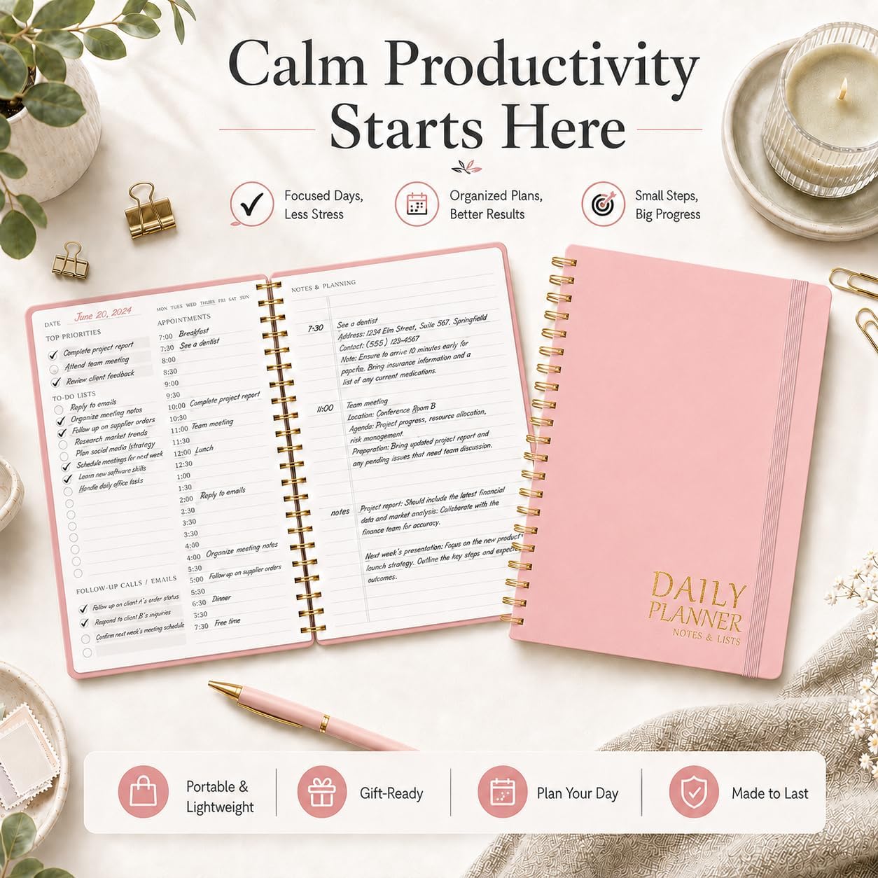Daily Planner with Hourly Schedules, 5.5" x 8.5" - Pink thumbnail
