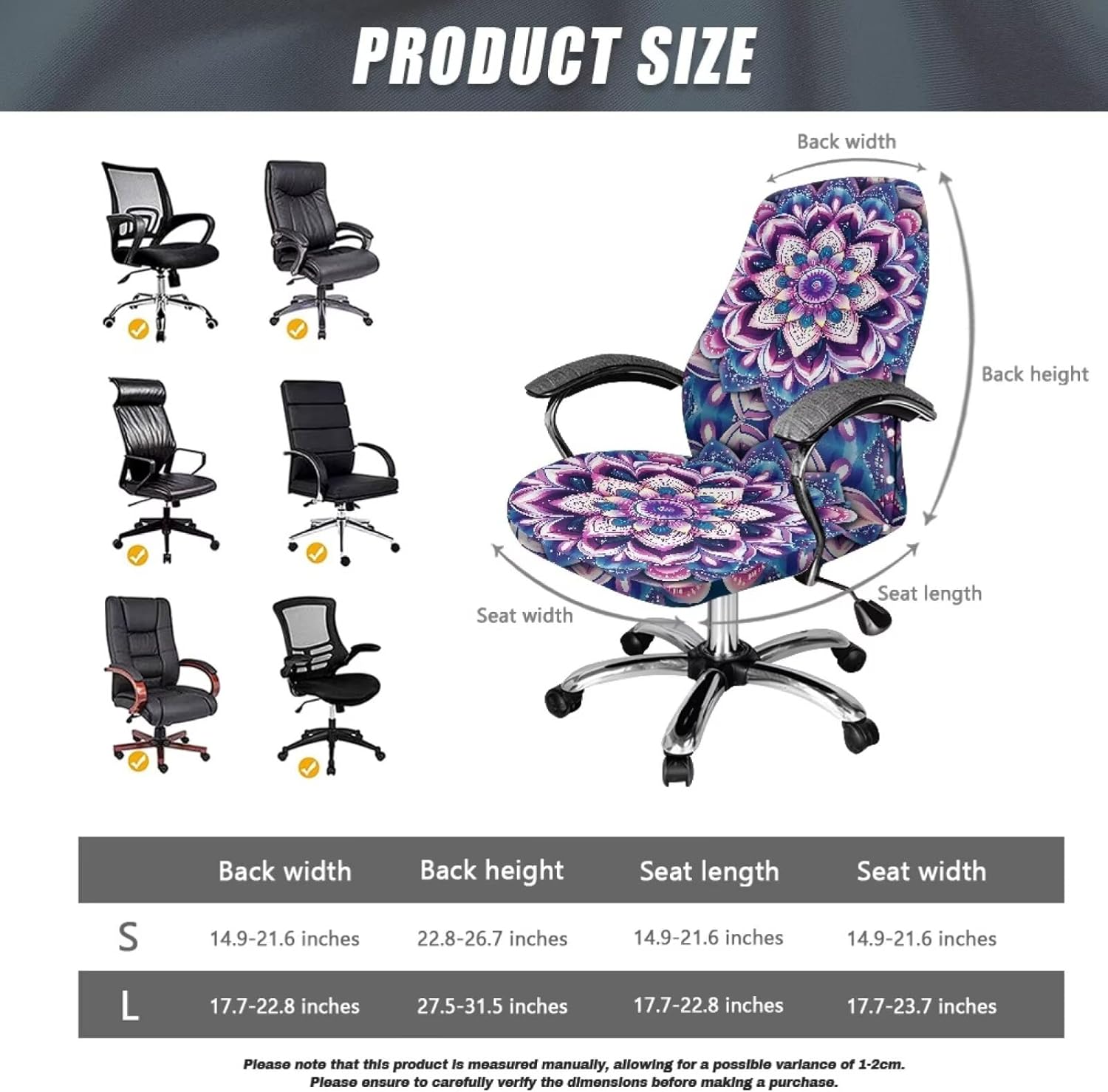 Bohemian Flower Purple Print Office Chair Covers Stretch Computer Chair Slipcovers for Swivel Armchair Anti-Dust Gaming Chair Slipcover for Home Office, Large