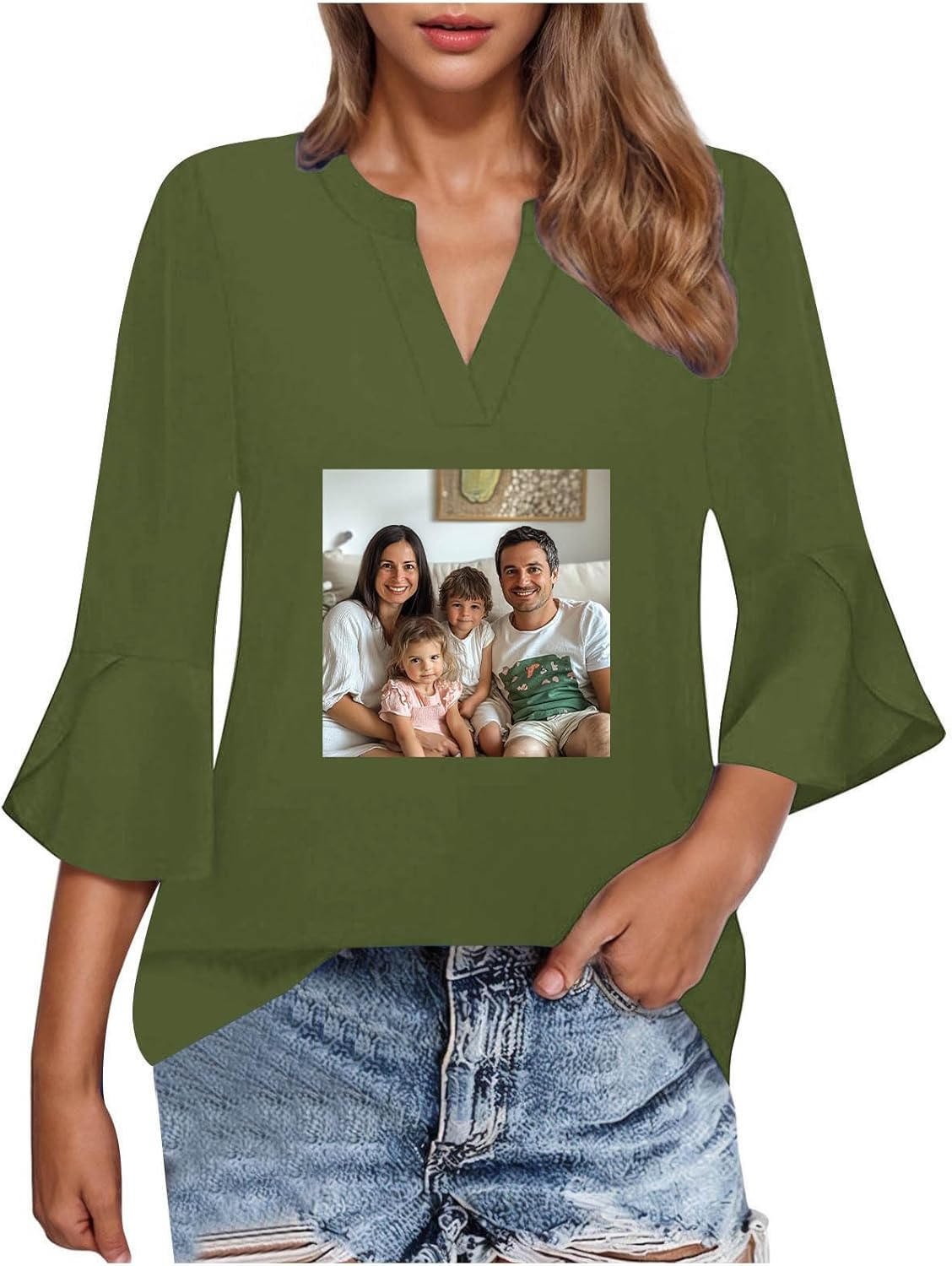 Womens Customized T Shirts Custom Ruffle 3/4 Sleeve V Neck Tops Personalized Design Your Own Tunic Tshirt with Photo - Image 3