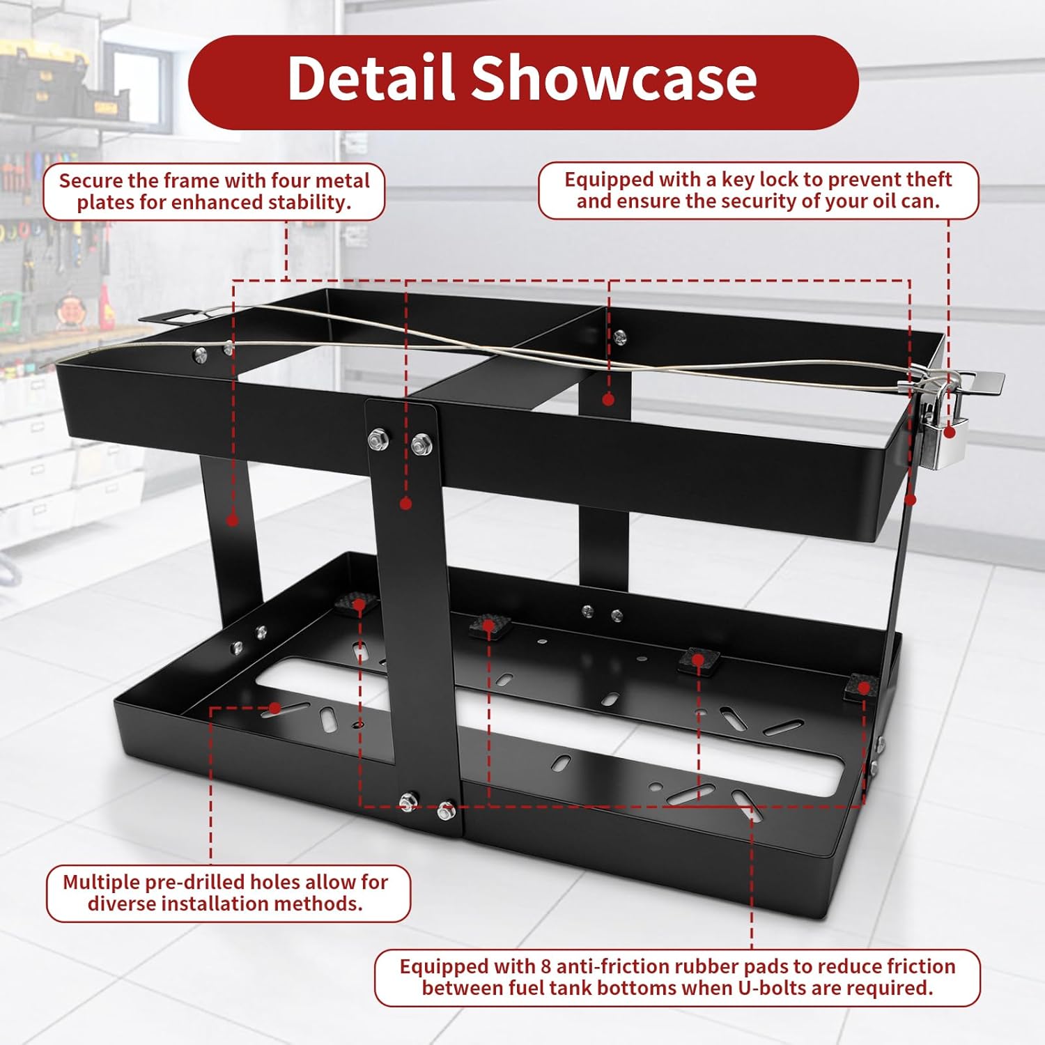 Upgrade Fuel Jug Holder, Black Gas Can Holder for Trailer, Sturdy Four-Way Support and Locking Straps, Fits Two 5 Gallon Fuel Containers, Compatible with Vp Gas Can