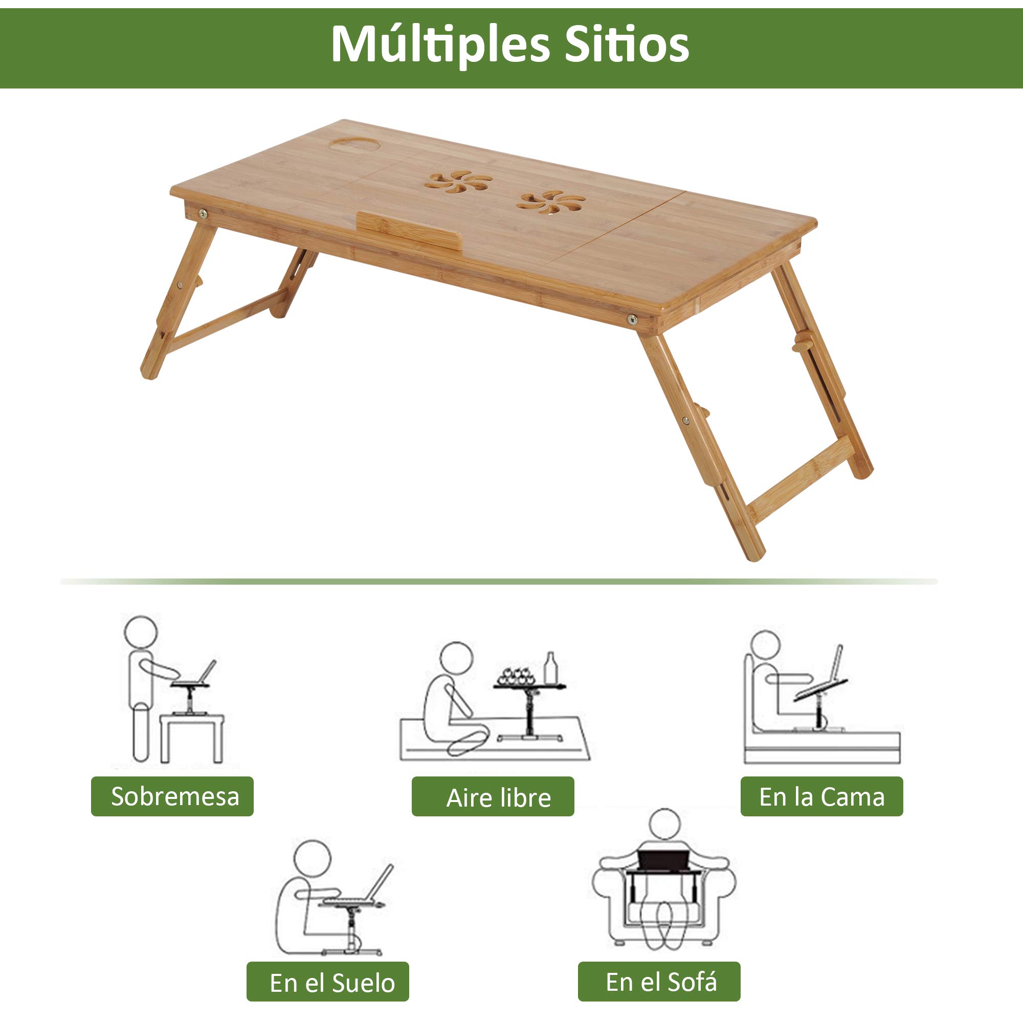 HOMCOM Mesa Plegable Bambú para Cama y Sofá Altura Ajustable 72x35x22-30cm | Bandeja de Cama Desayuno, Reclinable, Altura Ajustable, Soporte Escritorio de Regazo