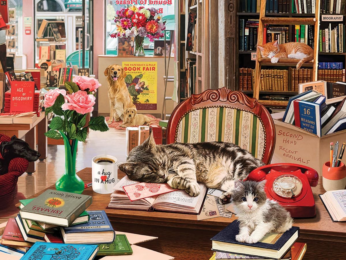 White Mountain 500 Piece Jigsaw Puzzle Cat & Dog Book Puzzles with Large Pieces Gift for Adults 18"x24" - Cozy Bookshop