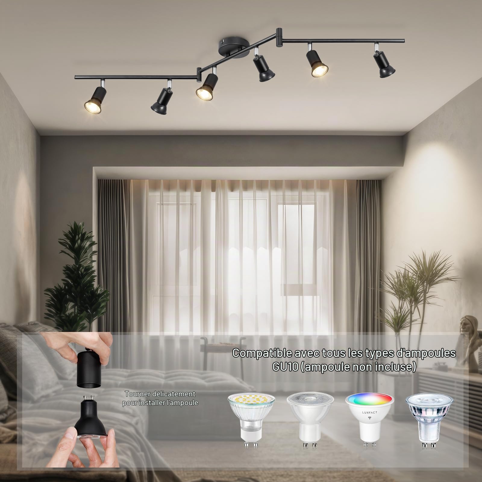 Luminaire Plafonnier LED GU10 6 Spots LED - Éclairage de Plafond Spot Orientabl Moderne Noir pour Couloir Salon Salle à Manger Cuisine - Sans Ampoule