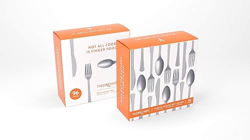 Vista 48 de Tiger Chef - Cubertería de plástico de color resistente, incluye tenedores, cucharas para el té y cuchillos, Transparente Claro
