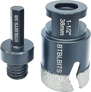 Dry Diamond Core Drill Bit 1-1/2 Inch Tile 38mm Tile Hole Saw Plus 3/8 Inch Hex Shank Adapter 5/8-11 Thread for Porcelain Ceramic Tiles Granite Marble Concrete Masonry