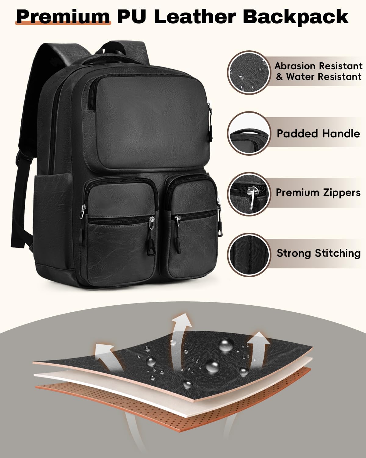 Vegan Leather Laptop Backpack PU Leather Computer Back Pack for Men & Women Travel Work Leisure Backpacks Bookbag
