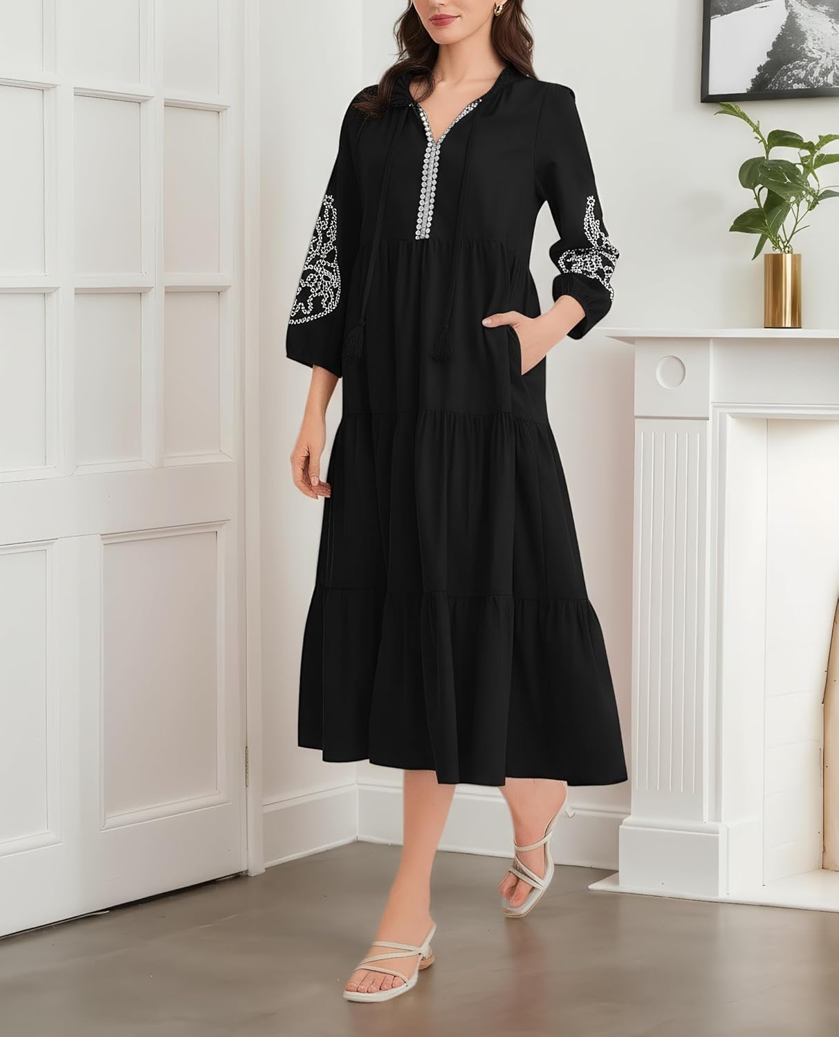 Ladyful Womens Summer Tiered Maxi Cotton Dress Tassel Embroidered 3/4 Sleeve V Neck Flowy Fall Vacation Beach Dress - Image 3