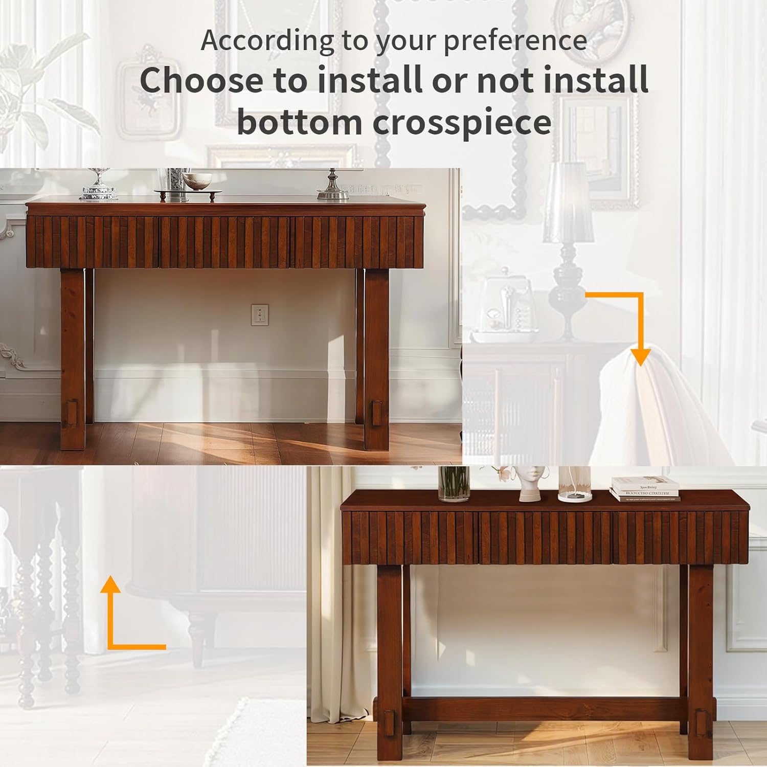 Solid Wood Console Table with 3 Drawers, 52 inch Entryway Table with Fluted Drawers Wooden Hallway Tables for Living Room Hall Entrance, Cherry