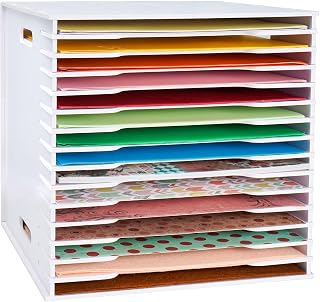 SANFURNEY 15 Slots Scrapbook Paper Organizer for Sizes 12" x 12" | File Sorter Storage, Document Holder, Desktop Scrapbook Paper Organizer Rack for Home Office School (White, Standard Size)