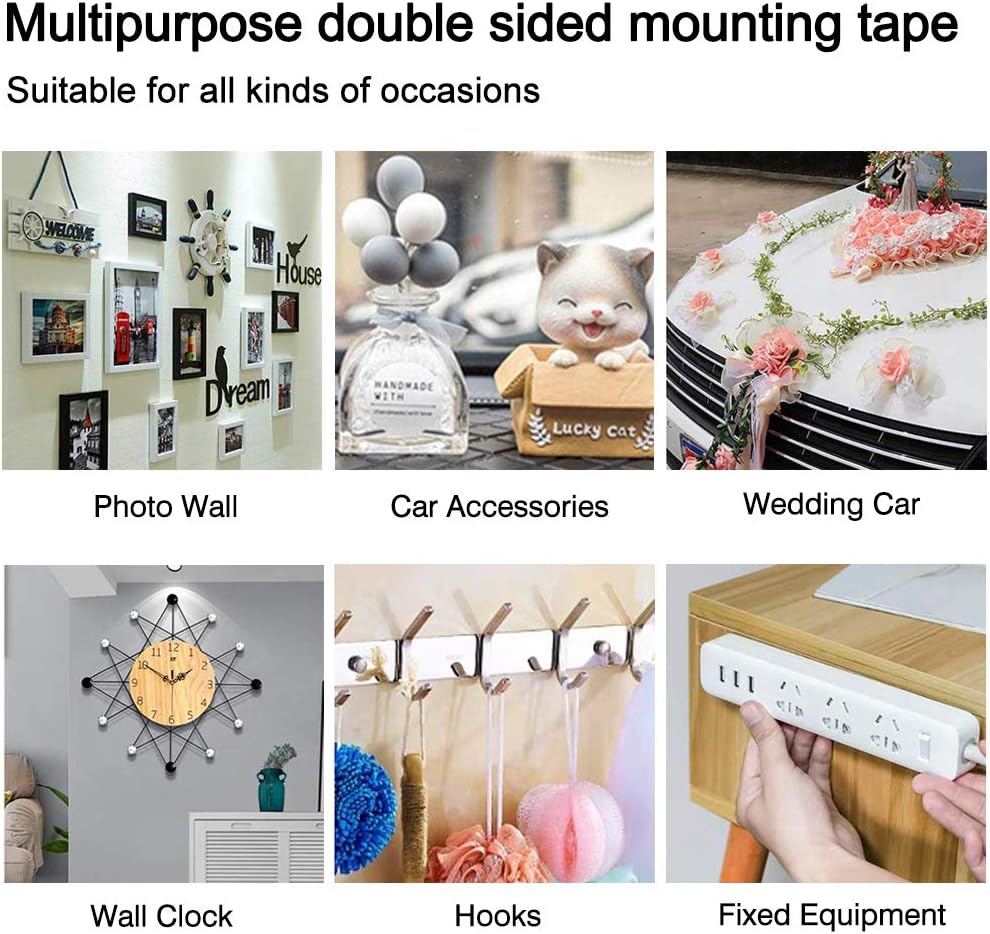 Double Sided Tape Heavy Duty (2 Rolls Total 19.7FT), Multipurpose Removable Mounting Tape Adhesive Gel Grip, Washable Sticky Wall Strips Transparent Tape for Fix Carpet Photo Poster Home Office Decor