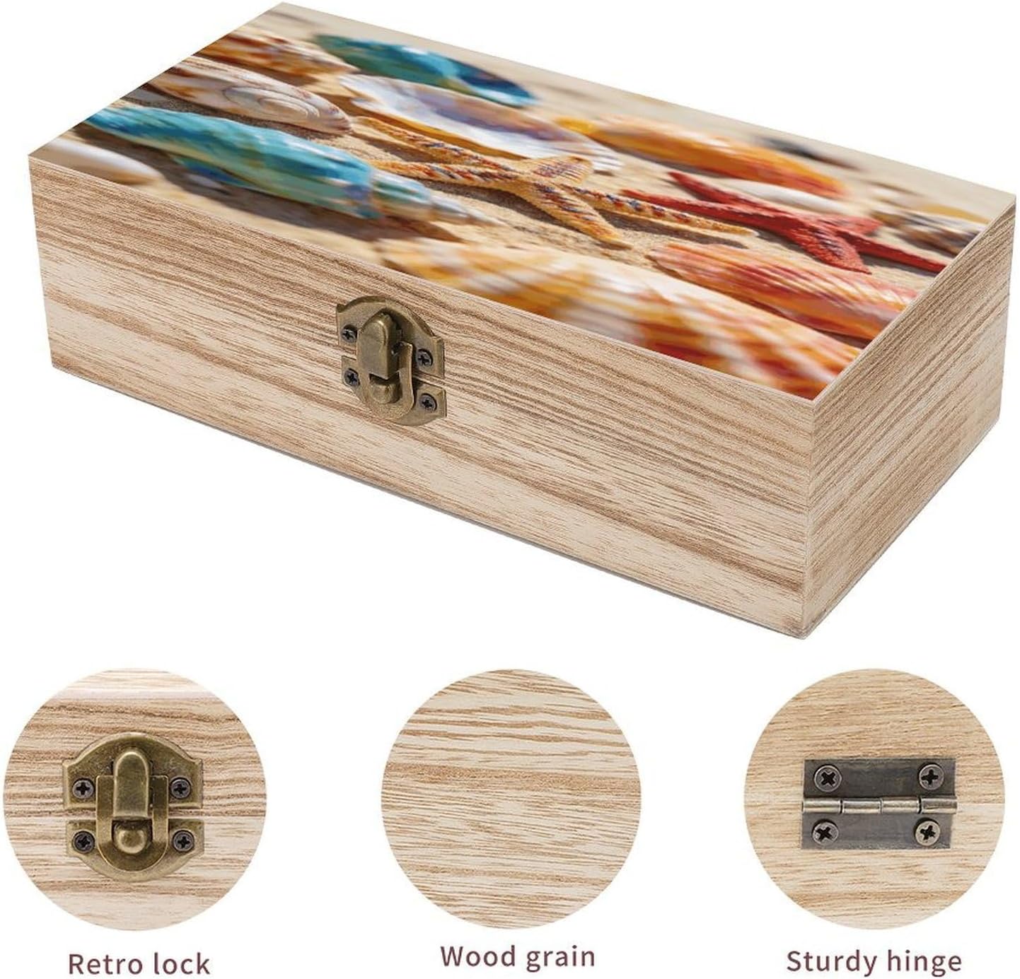 Colorful Shells And Starfish Locked Wooden Keepsake Box with Hinged Lid for Crafts And Photo Storage,Keepsake Box Jewellery Organiser Unique Gift Ideas for Men & Women image 3
