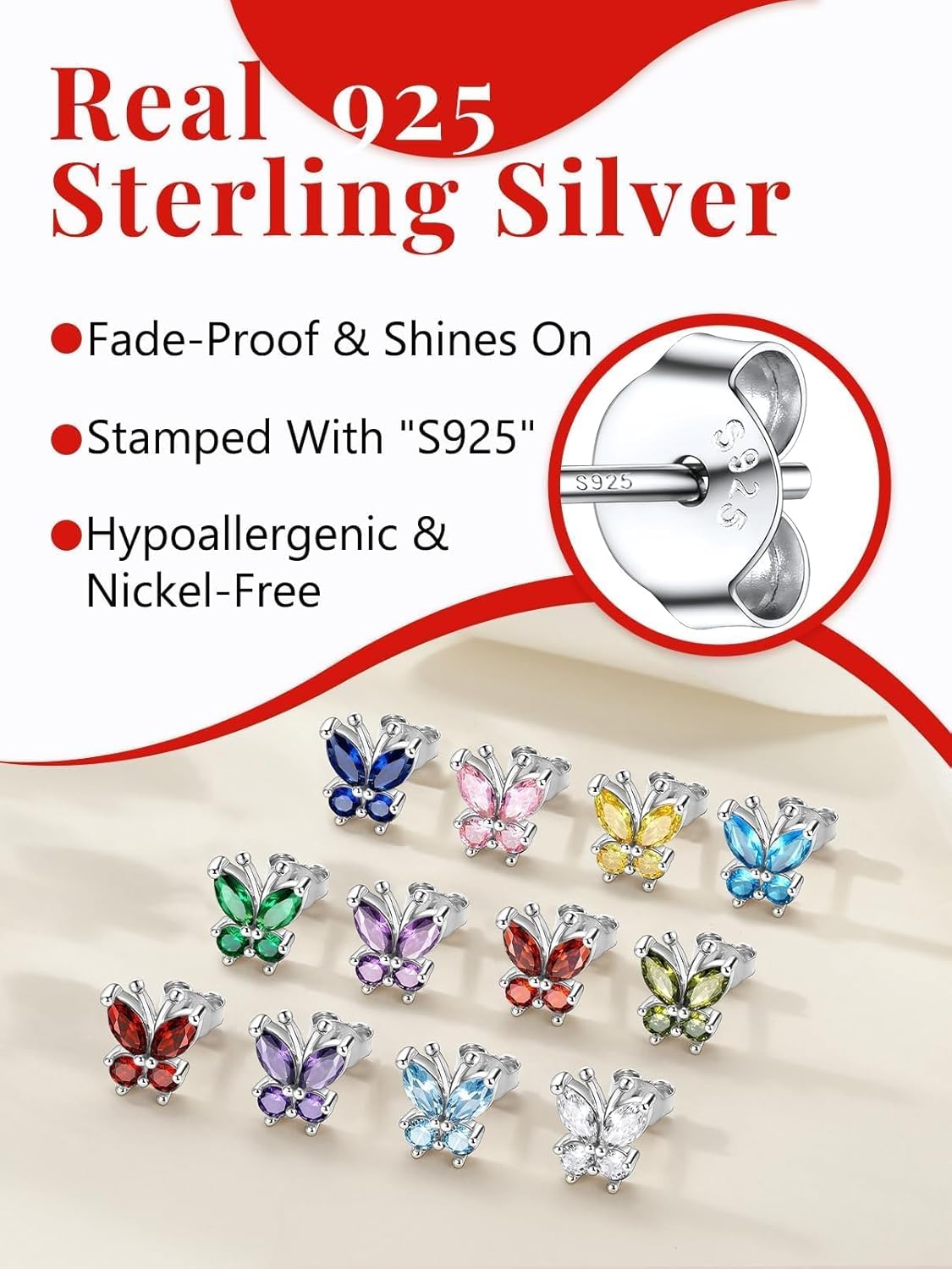 Silvora Birthstone Earrings for Women, 925 Sterling Silver Butterfly Stud, Small Butterfly Earrings Birthstone Jewelry - Image 7