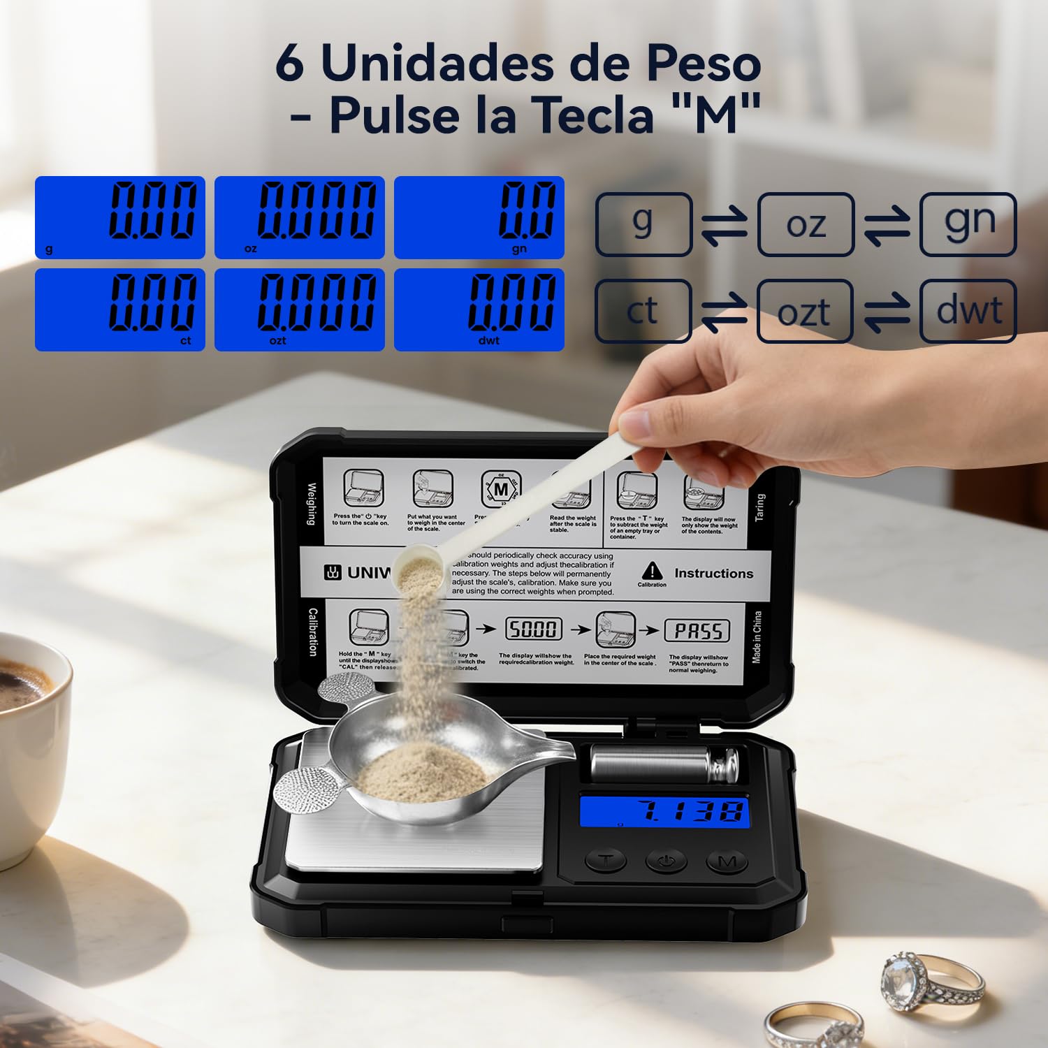 UNIWEIGH Báscula miligráfica de 50 g/0,001 g de alta precisión, escala digital de mg con LCD/tara, báscula de joyería de 6 unidades, escala de microgramos para polvo, monedas, oro, báscula de recarga