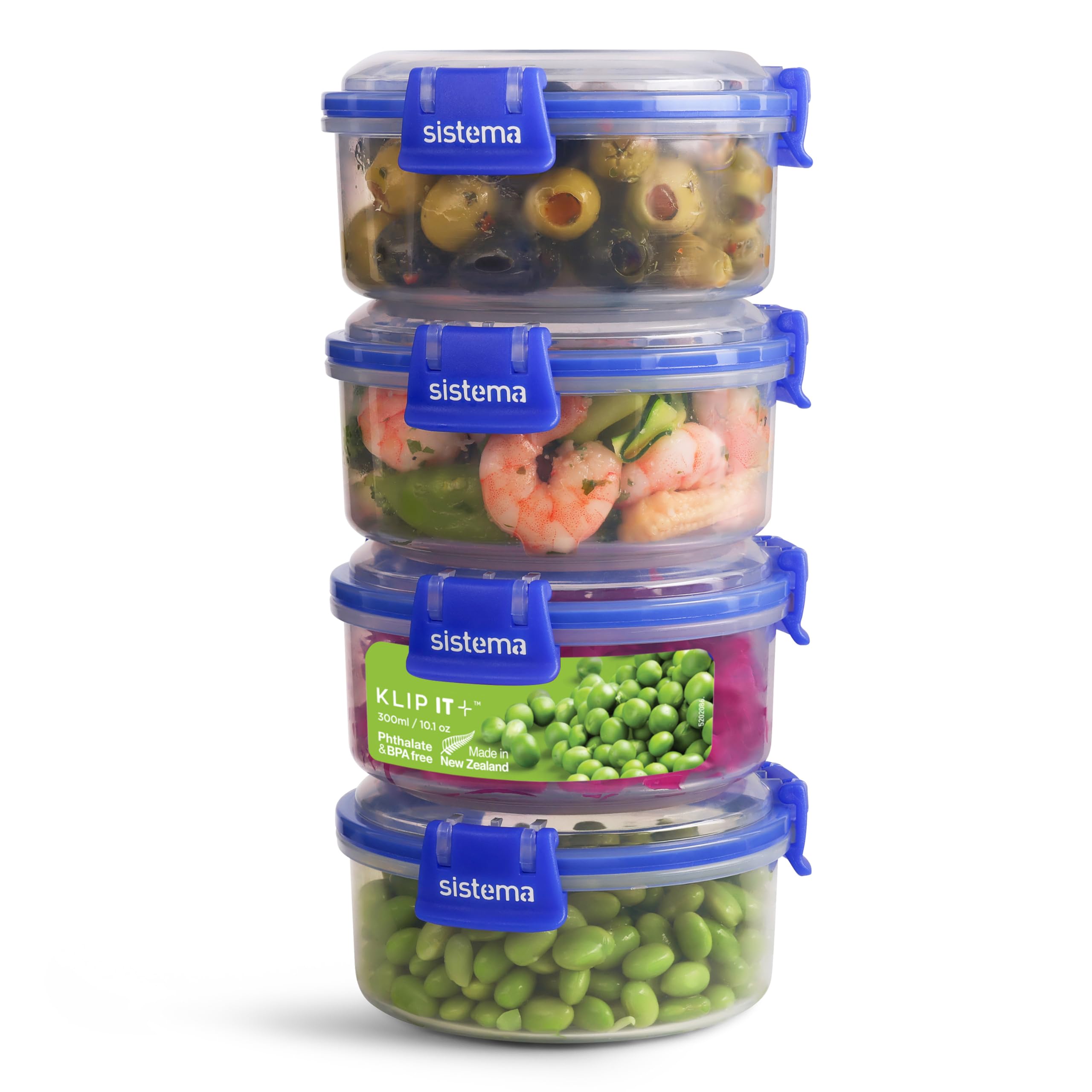 Sistema KLIP IT PLUS Round Food Storage Containers, 300 ml Leak-Proof, Stackable & Airtight Fridge/Freezer Containers with Lid, BPA-Free, 4 Count
