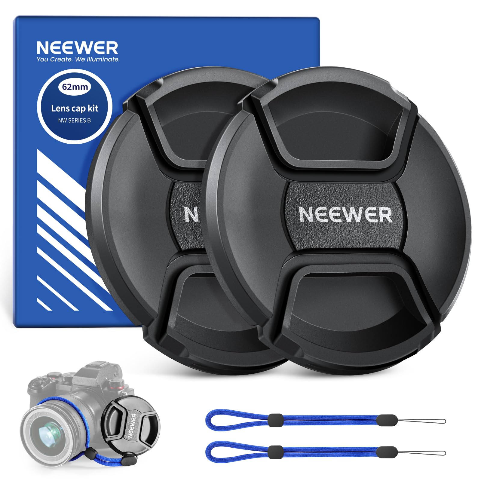 Neewer 62mm Lens Cap Kit (2 Pack), Lens Cover with Anti Loss Strap and Cleaning Cloth, Compatible with Canon Nikon Sony Fujifilm Panasonic Camera Lens