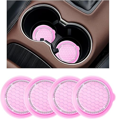 Ziciner Paquete de 4 soportes para portavasos de automóvil, tapete antideslizante de silicona con diamantes de imitación de cristal, universal de