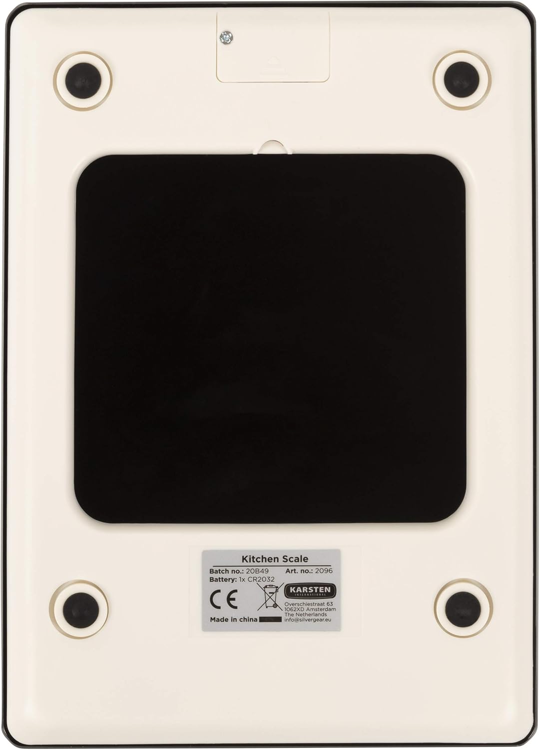 Underside of Silvergear Digital Kitchen Scale showing battery compartment