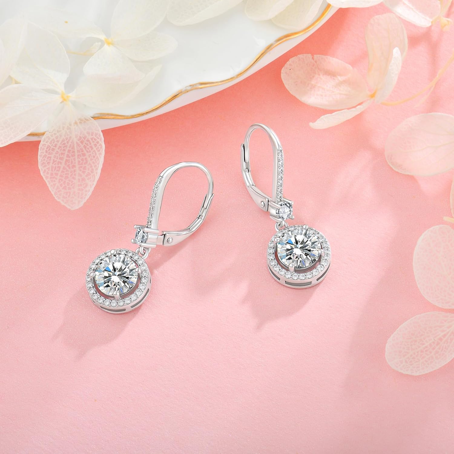 Round Dangle Drop Leveback Earrings for Women, 925 Sterling Silver 5A Cubic Zirconia Ruond Birthstone Earrings for Hypoallergenic Jewelry Gifts for Her - Image 4