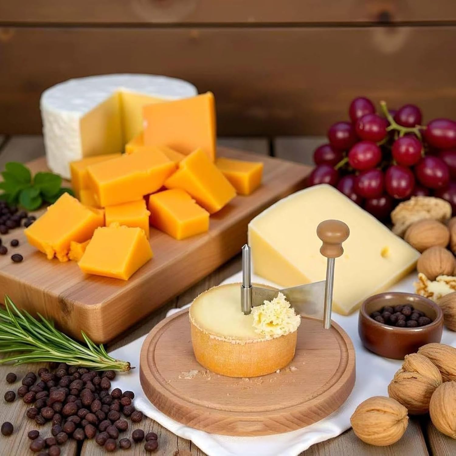 Cheese Curler, Stainless Steel Cheese Curler Wheel with Lid – Cheese Flower Maker & Chocolate Shaver, Sharp Cheese Slicer with Wooden Base for Cheese Roses, Desserts & Garnish (Without lid)