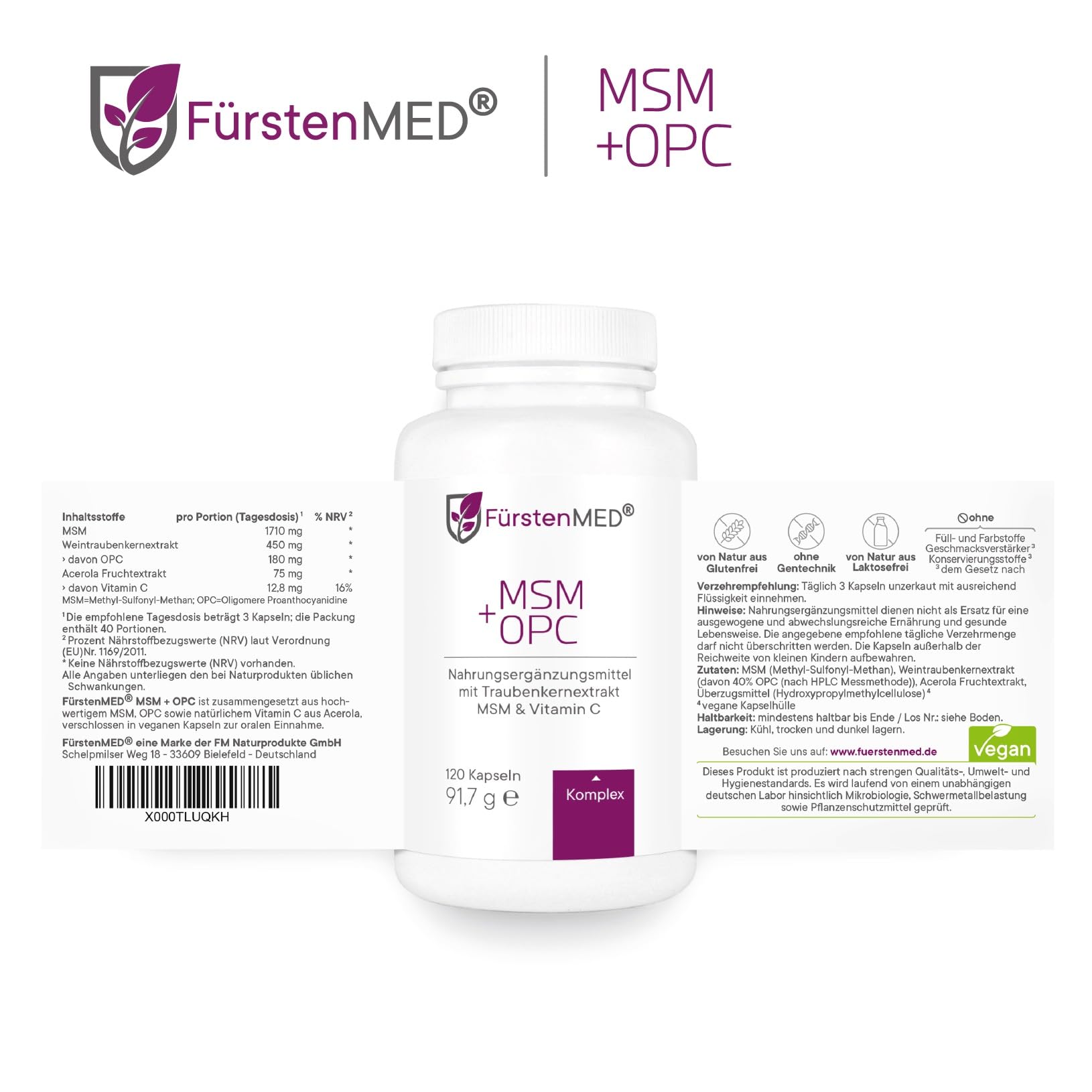 FürstenMED® MSM + OPC Kapseln Hochdosiert mit 1710mg MSM Pulver + 180mg OPC & Vitamin C (aus Acerola) pro Tagesdosis - 120 Kapseln, Vegan, Laborgeprüft & Ohne Zusatzstoffe