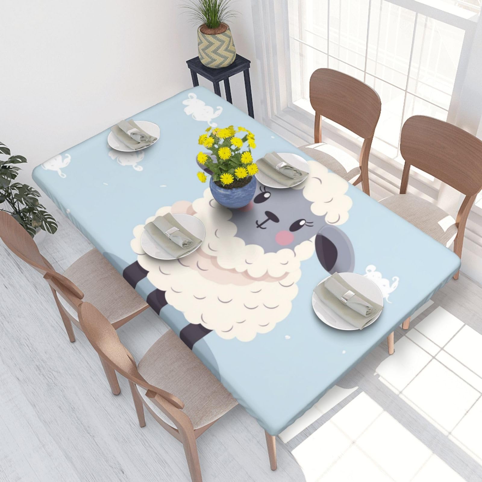 WPKJU Cute Cartoon Sheep Printed Tablecloths 4ft Rectangular Table Covers Washable Polyester Decorative Table Cloth for Dining Table Picnic Wedding