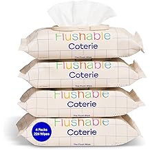 Coterie Flushable Wipes for Toddlers, Designed for Potty Training, Safe for Sensitive Skin, Hypoallergenic, 99% Water, Plant-Based, Fragrance Free, Sewer &amp; Septic Safe, 4 Pack (224 Wipes)