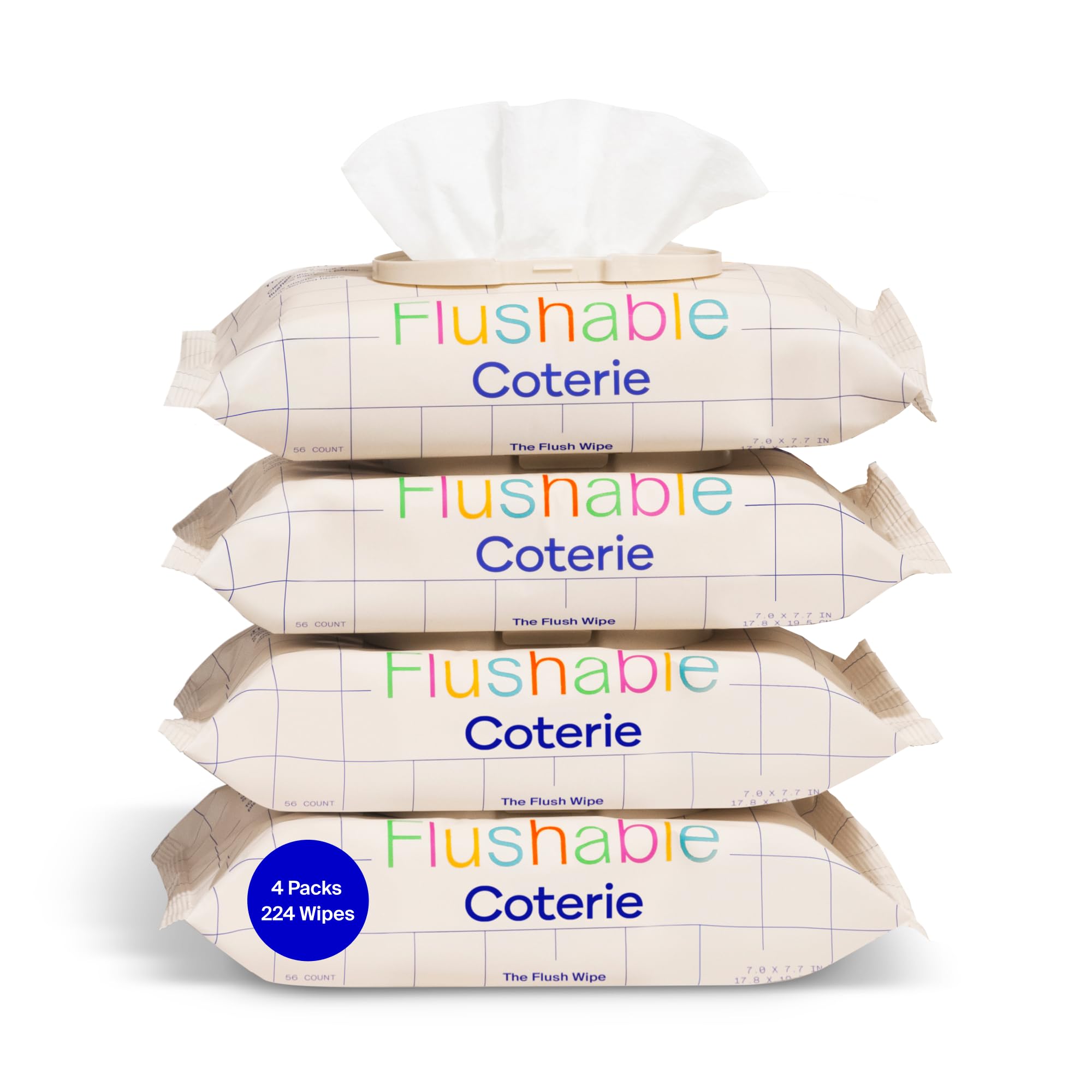 Coterie Flushable Wipes for Toddlers, Designed for Potty Training, Safe for Sensitive Skin, Hypoallergenic, 99% Water, Plant-Based, Fragrance Free, Sewer & Septic Safe, 4 Pack (224 Wipes)