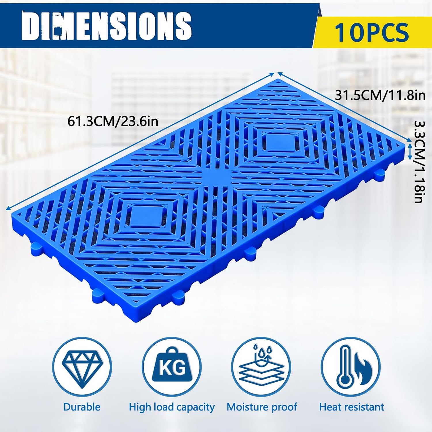 Plastic Pallets, 10Pcs Lightweight Moisture-Proof Attic Flooring Plastic Grid for Basement Storage Indoor Outdoor, Garages, Warehouse Use (23.6 x 11.8 x 1.18)