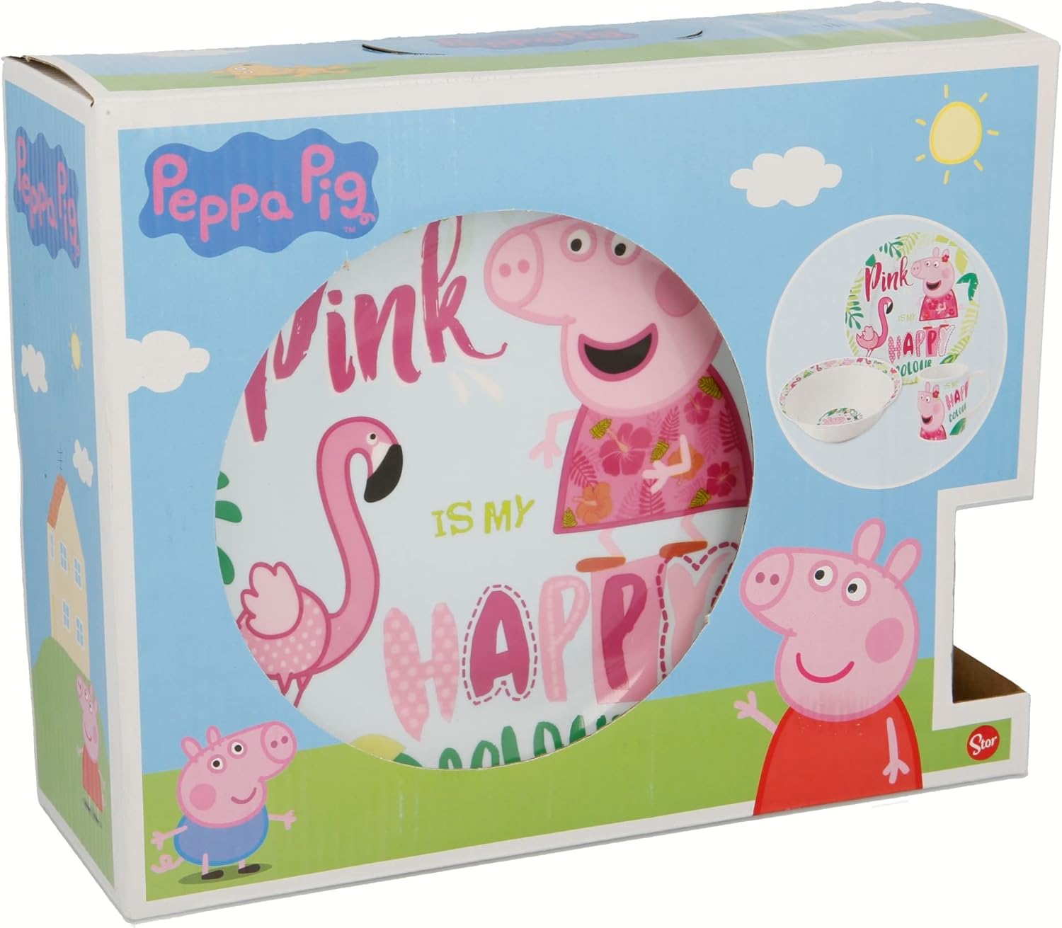 Stor - Peppa Pig Pink Flamingo 3 Piece Ceramic Bowl Dessert Plate Mug Set